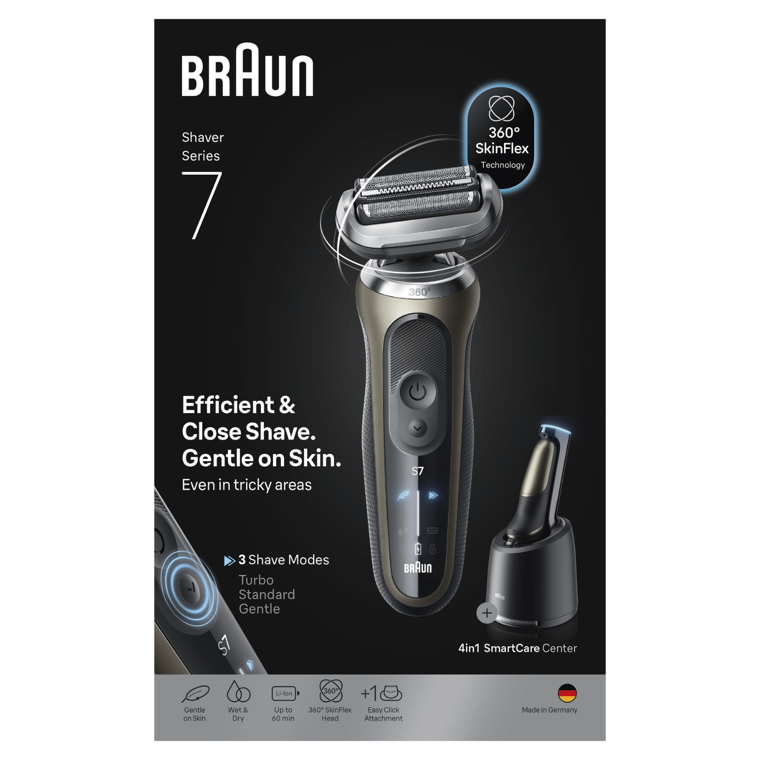 Afeitadora Braun Serie 7 con tecnología SkinFlex 360°. Con 3 modos de afeitado, uso en seco/húmedo y SmartCare Center 4 en 1. Hecho en Alemania.