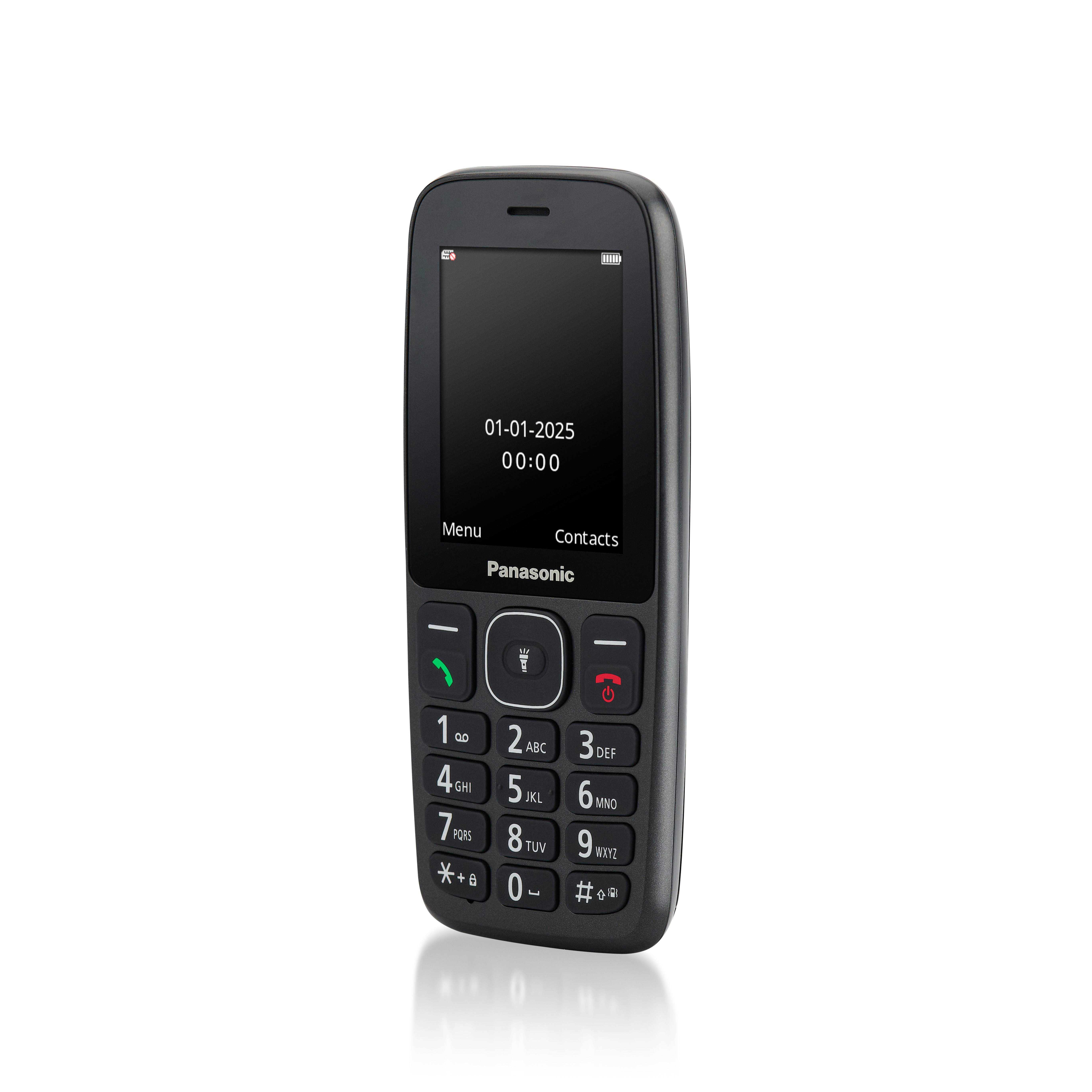 Ein schwarzes Panasonic-Telefon mit Bildschirm, der Datum und Uhrzeit anzeigt. Es hat Tasten und ein schlichtes Design auf weißem Grund.
