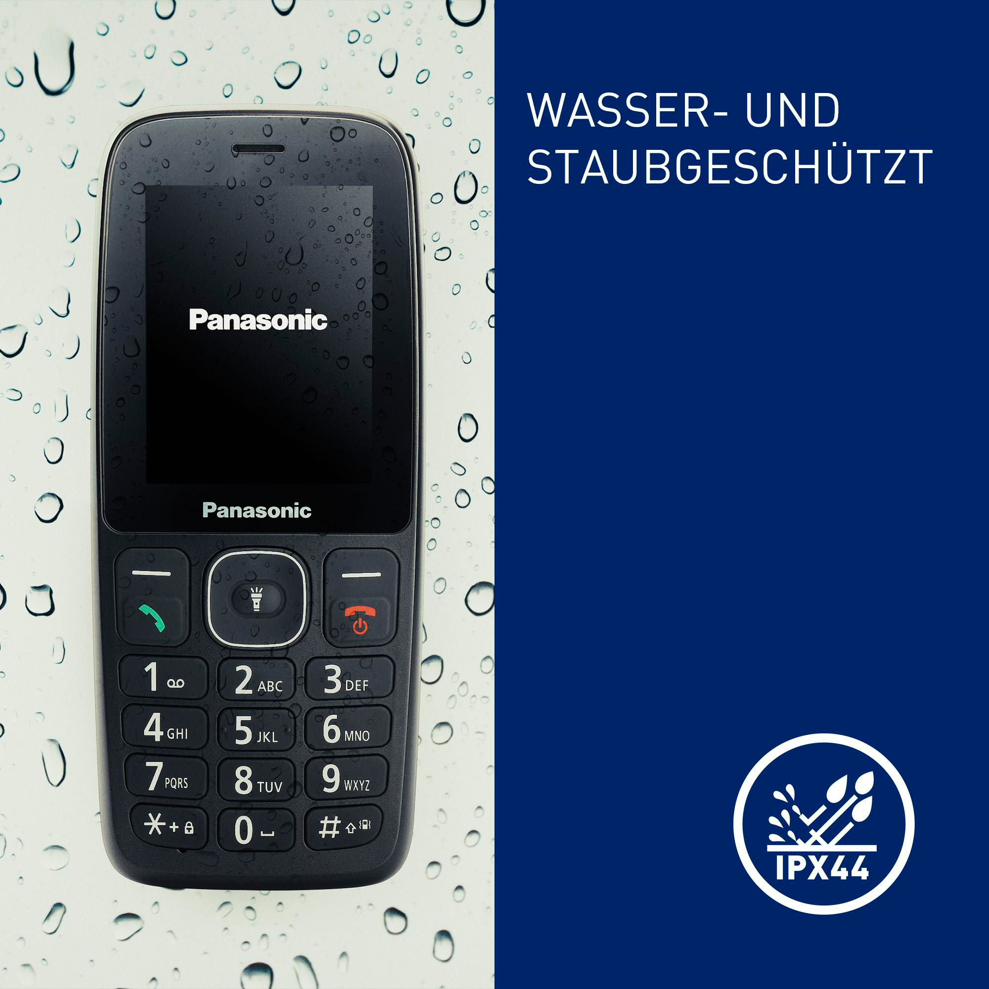 Ein schwarzes Panasonic-Telefon mit Tastatur vor einem Hintergrund mit Wassertropfen. Das Telefon ist wasser- und staubdicht.