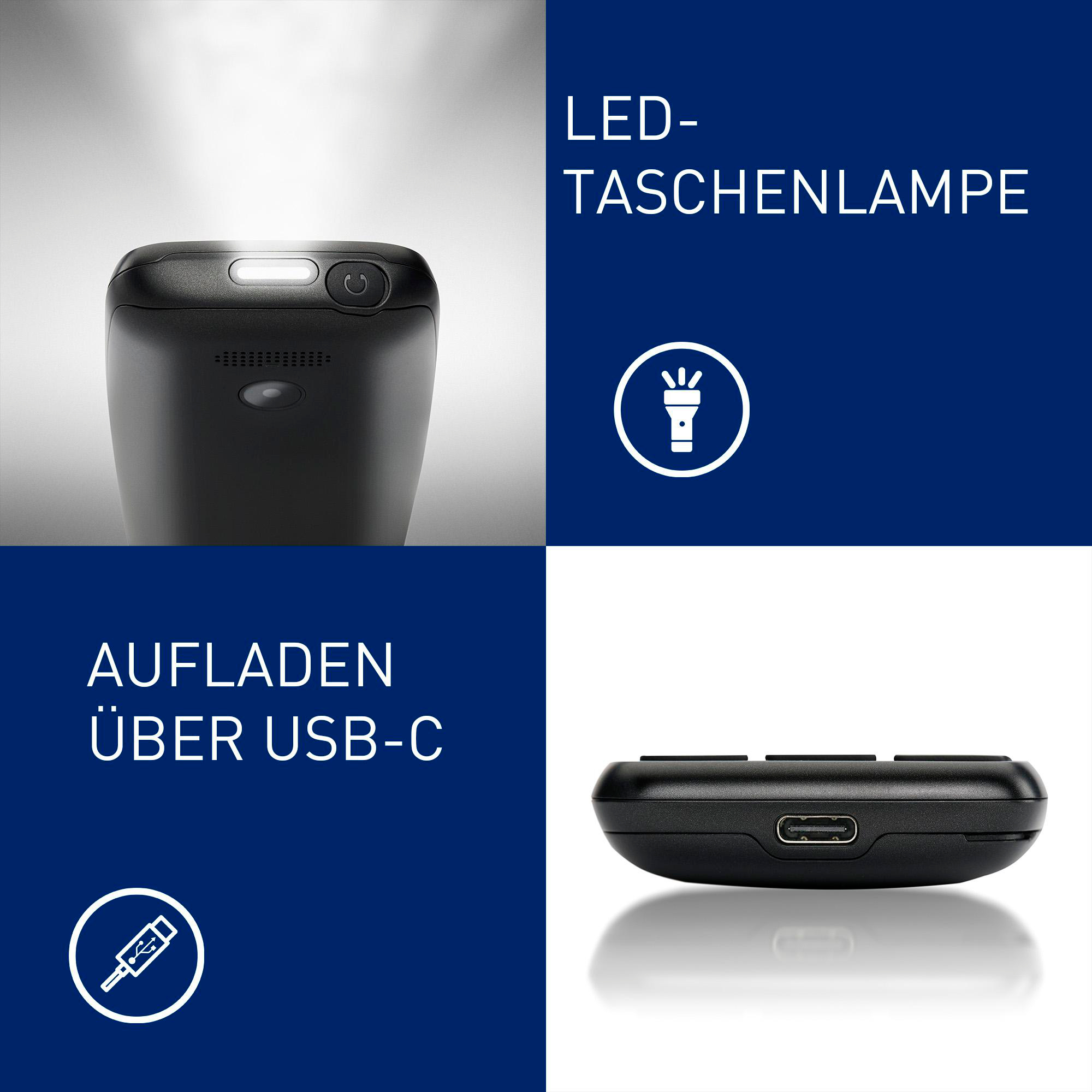 Schwarze LED-Taschenlampe, Draufsicht, die das Licht zeigt. Der Text lautet LED-Taschenlampe und Aufladen über USB-C.