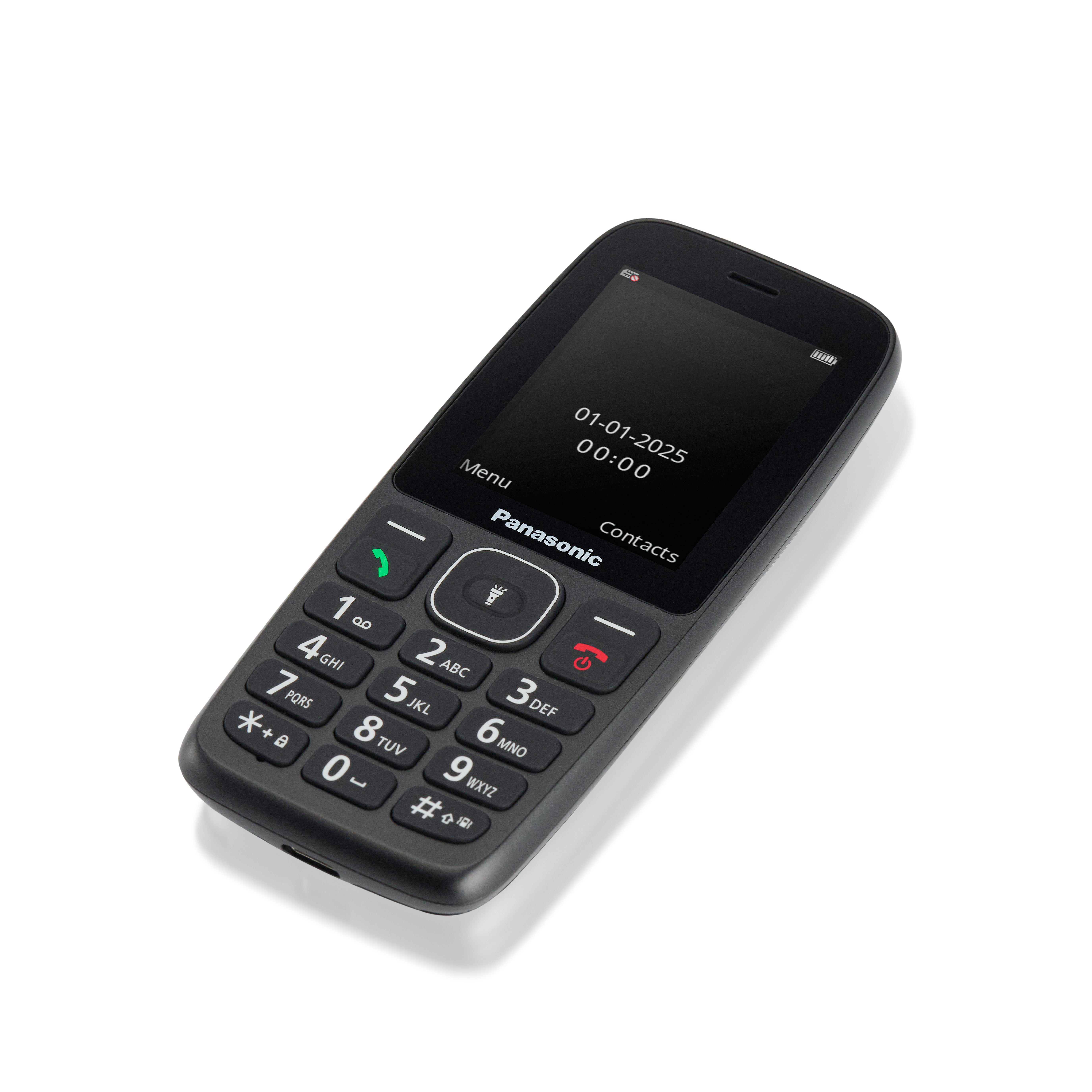 Schwarzes Panasonic-Telefon. Der Bildschirm zeigt das Datum 01.01.2025 und die Uhrzeit 00:00 an. Tasten mit Zahlen und Symbolen.