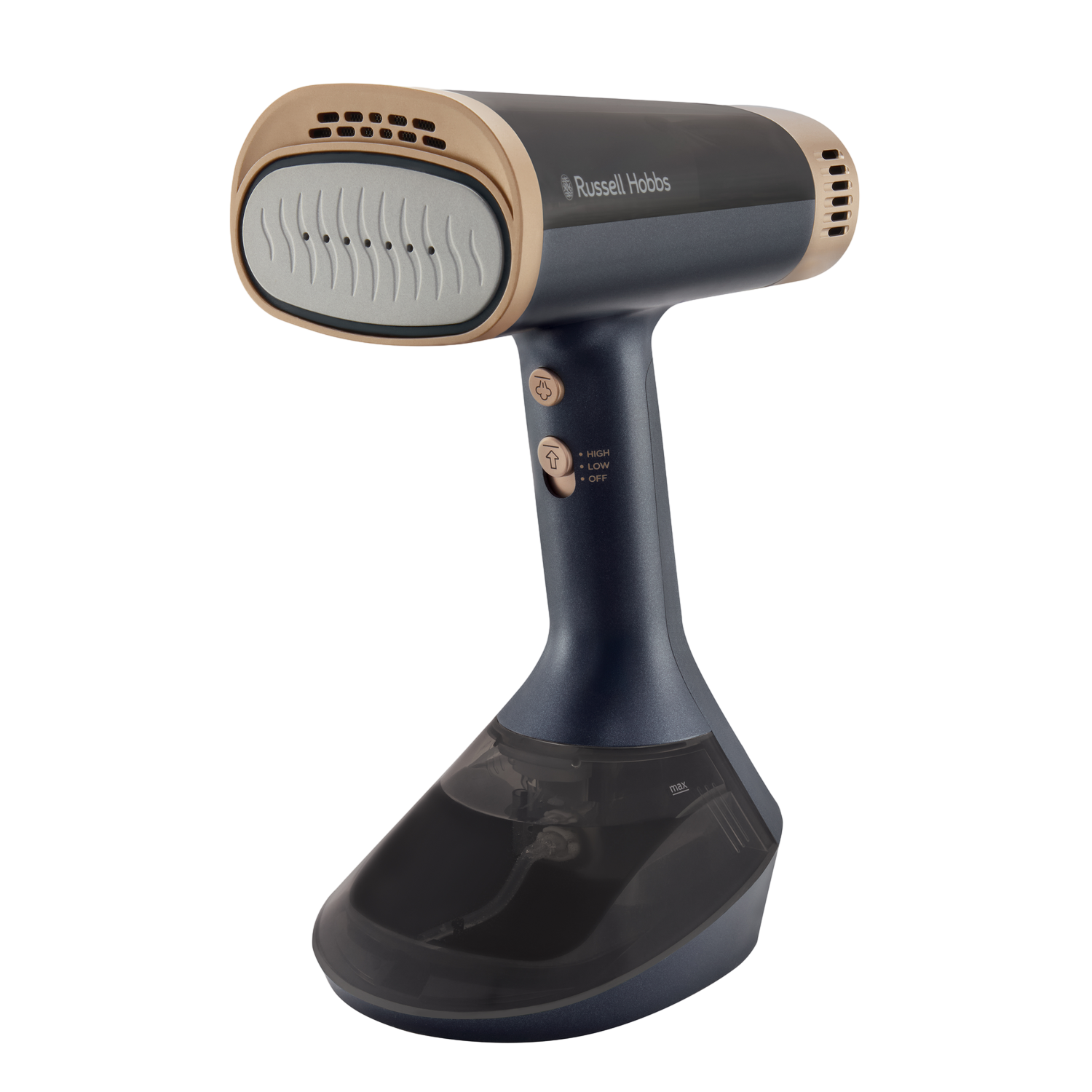 Blauer und goldener Handdampfer von Russell Hobbs. Er hat einen Wassertank und Tasten zur Steuerung der Dampfmenge. Vor schwarzem Hintergrund.