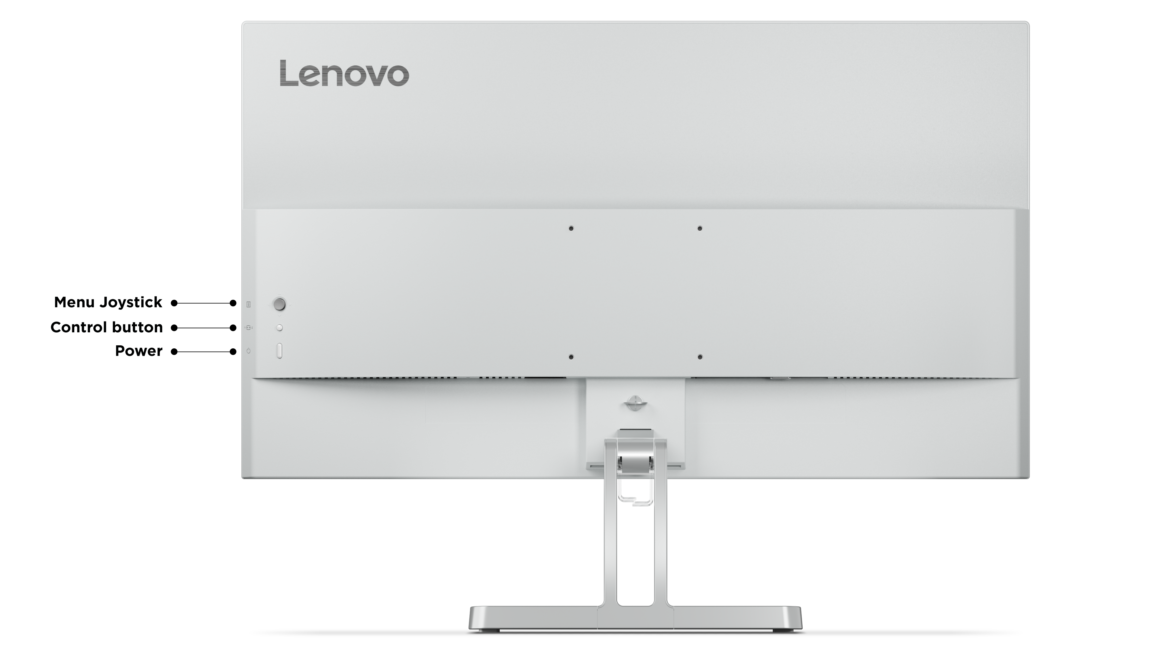Tył monitora Lenovo. Biały z logo Lenovo. Przyciski menu, sterowania i zasilania.