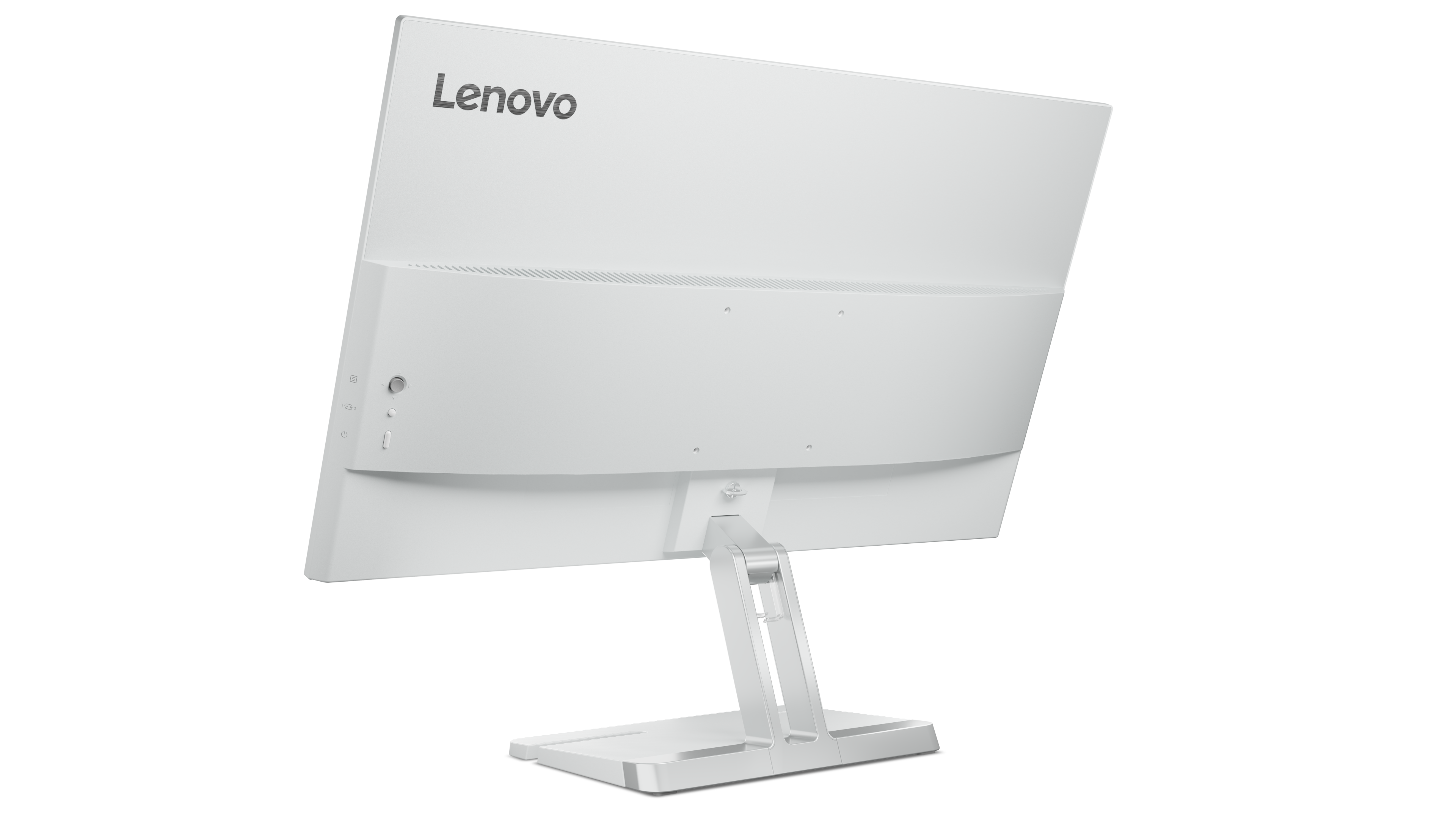 Widok z tyłu białego monitora Lenovo. Jest lekko pochylony. Stojak jest srebrny. Z tyłu znajdują się szczeliny wentylacyjne i porty.