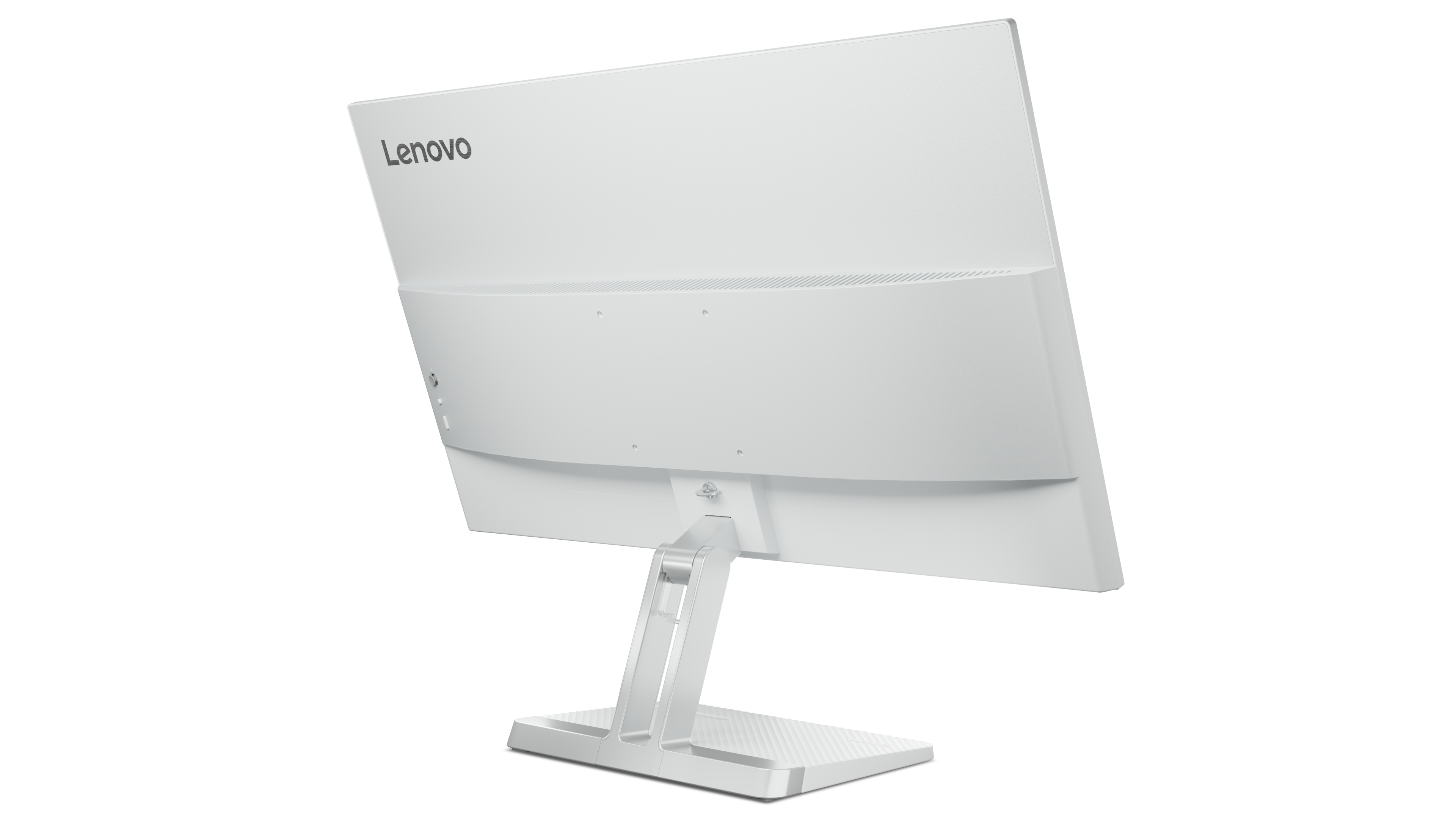 Widok z tyłu białego monitora Lenovo na białym tle. Widoczny jest stojak i tył. Logo Lenovo znajduje się na monitorze.