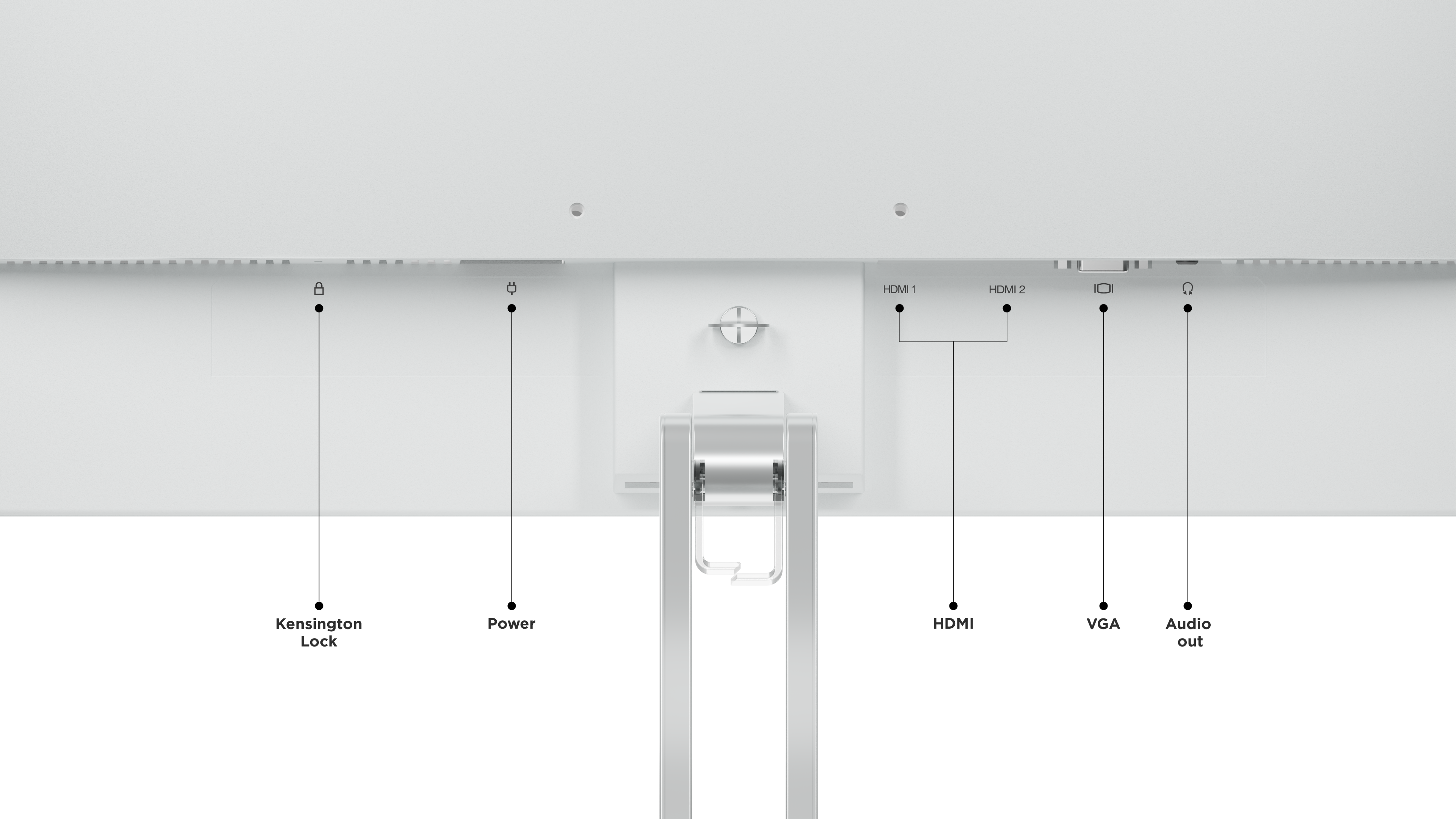 Tył białego monitora z zamkiem Kensington, portami zasilania, HDMI, VGA i wyjściem audio. Widoczny jest srebrny stojak.