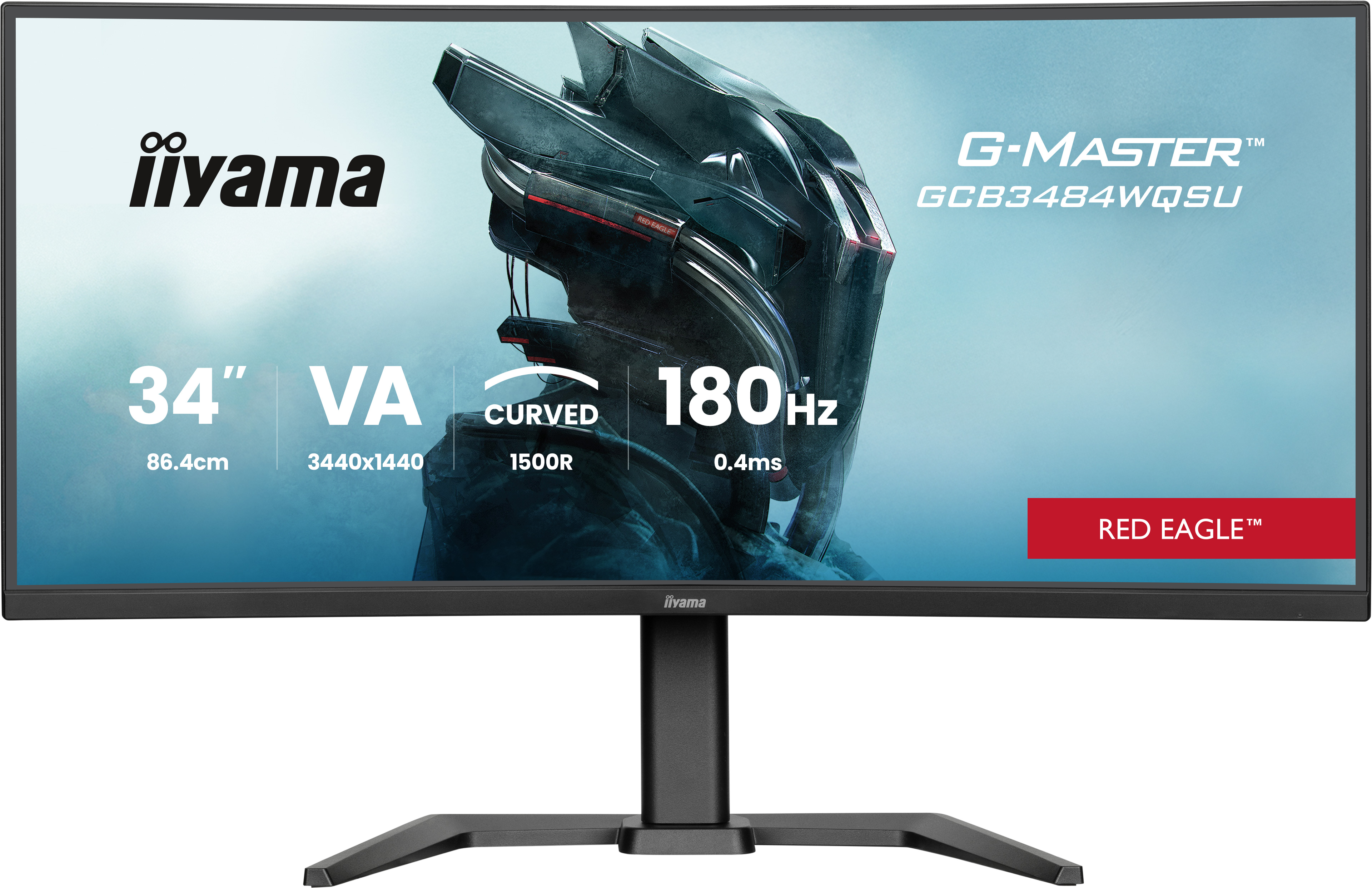 Zakrzywiony monitor iiyama, czarna ramka, ze specyfikacjami: 34", 180Hz, VA, 0,4ms, zakrzywiony 1500R. Logo Red Eagle.
