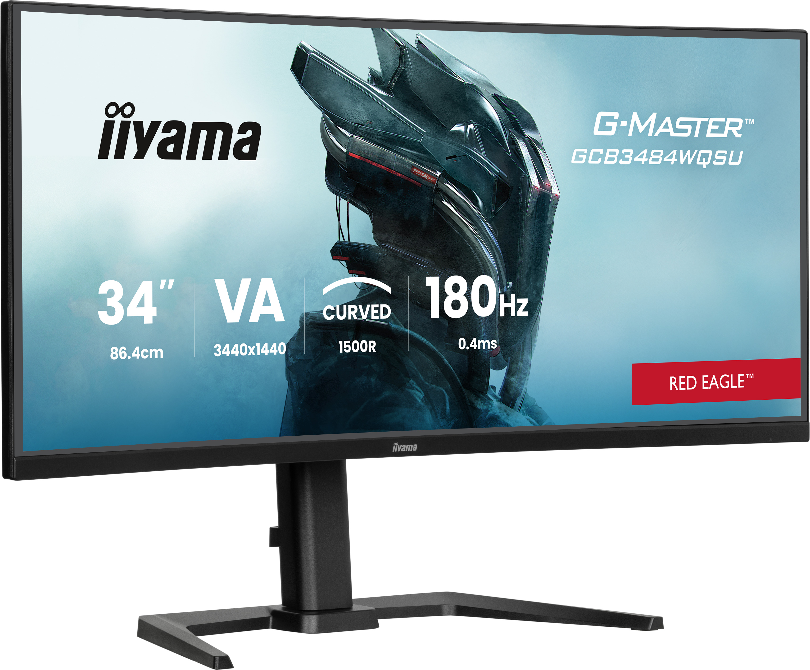 Zakrzywiony monitor iiyama. Wyświetla specyfikacje: 34", VA, 180 Hz, zakrzywiony i inne. Tło jest abstrakcyjne.