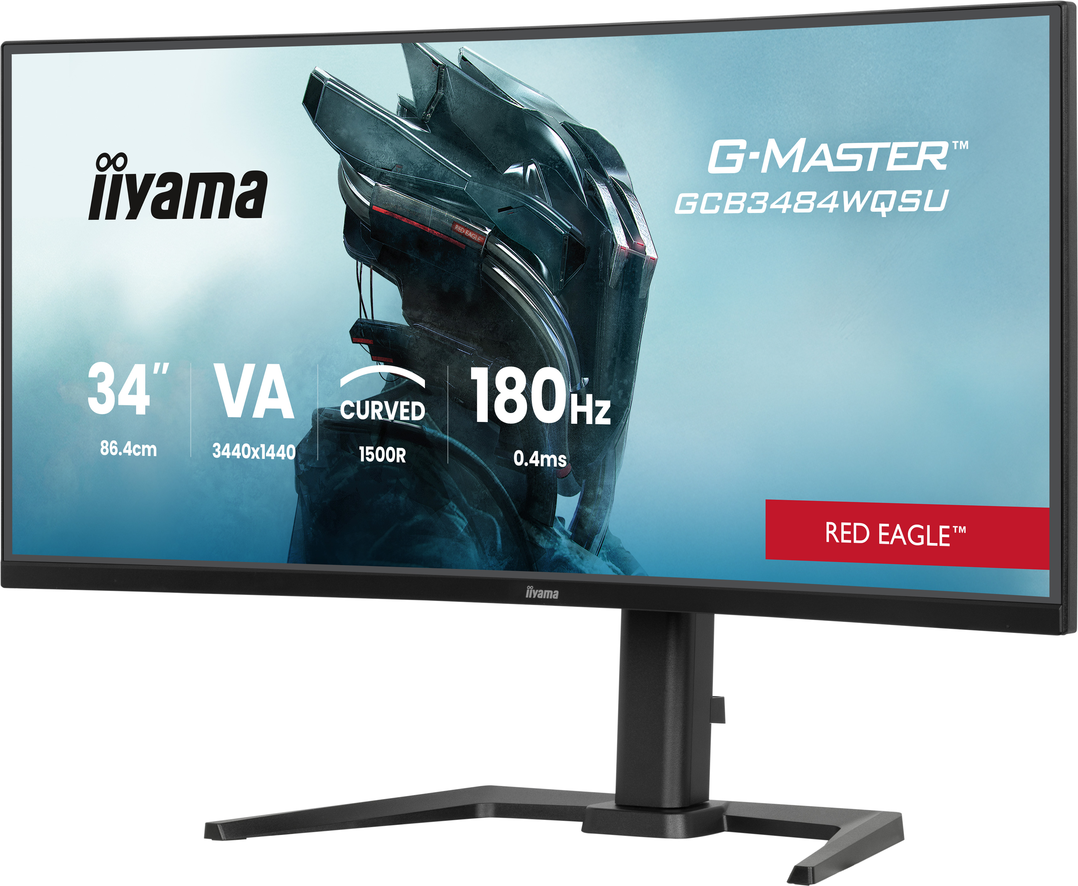 Czarny monitor komputerowy ze szczegółami produktu. Ma czarną podstawkę. Widoczne są logo iiyama i G-MASTER.