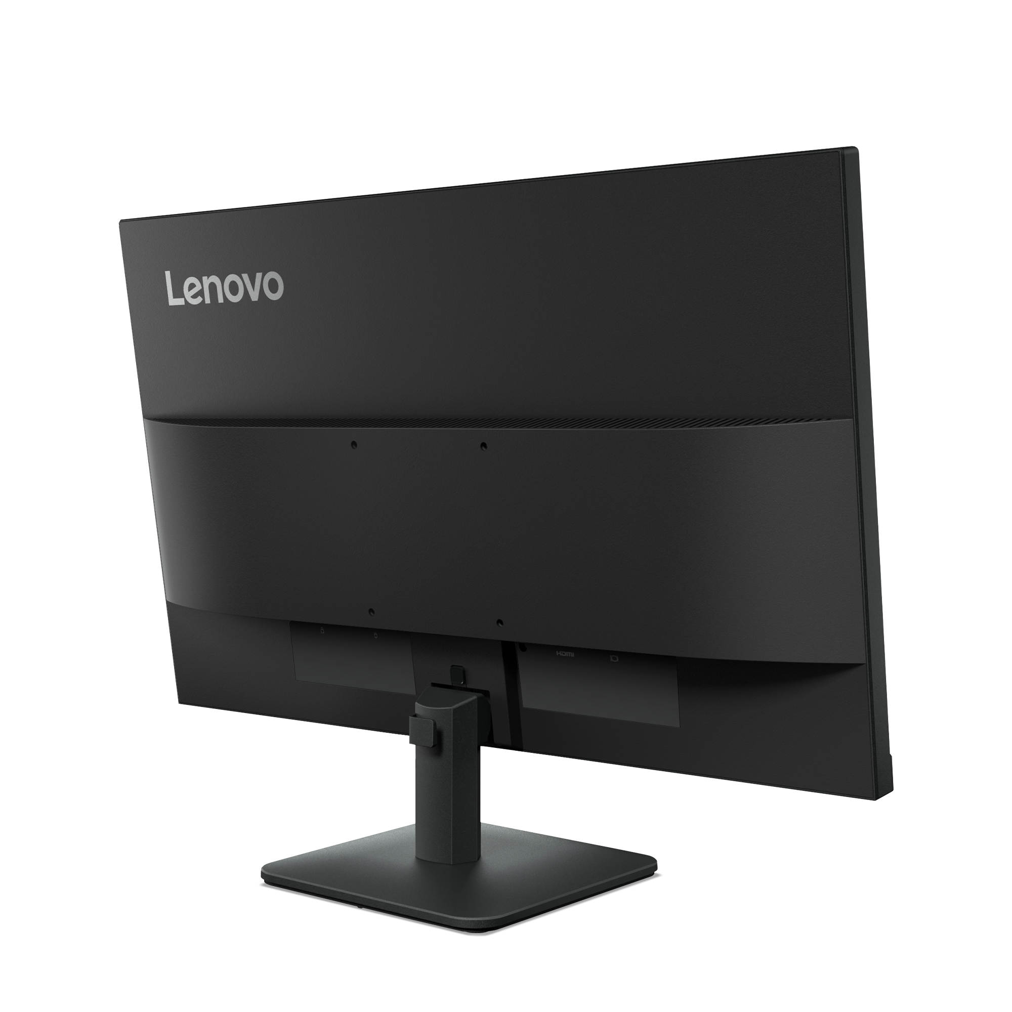Widok z tyłu czarnego monitora Lenovo. Widoczna jest podstawa. Widoczne są również porty.