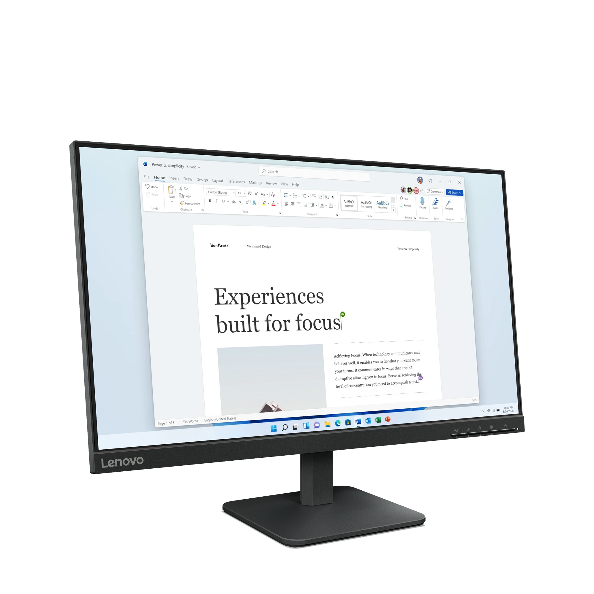 Monitor Lenovo wyświetla dokument Word z tytułem „Experiences built for focus”. Czarna podstawa z czarną ramką.