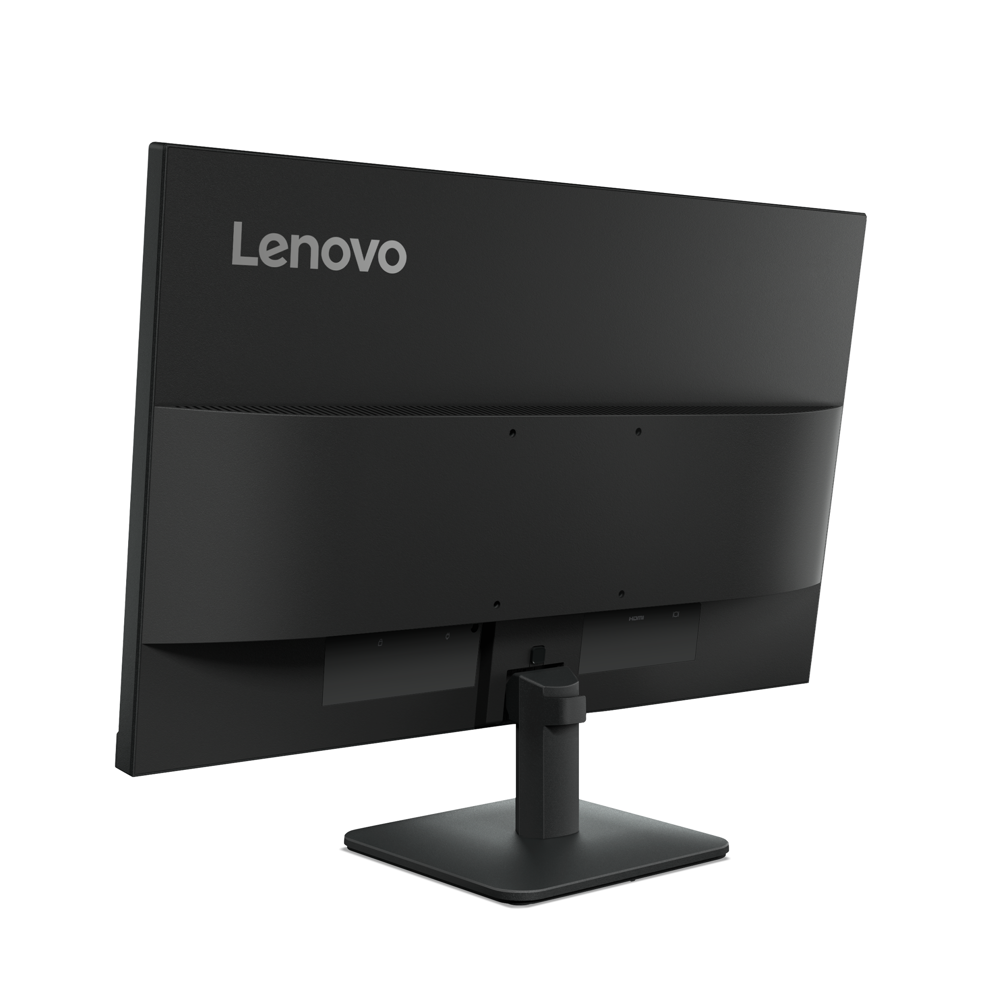 Widok z tyłu czarnego monitora Lenovo. Widoczny jest stojak i porty. Logo znajduje się na ekranie.
