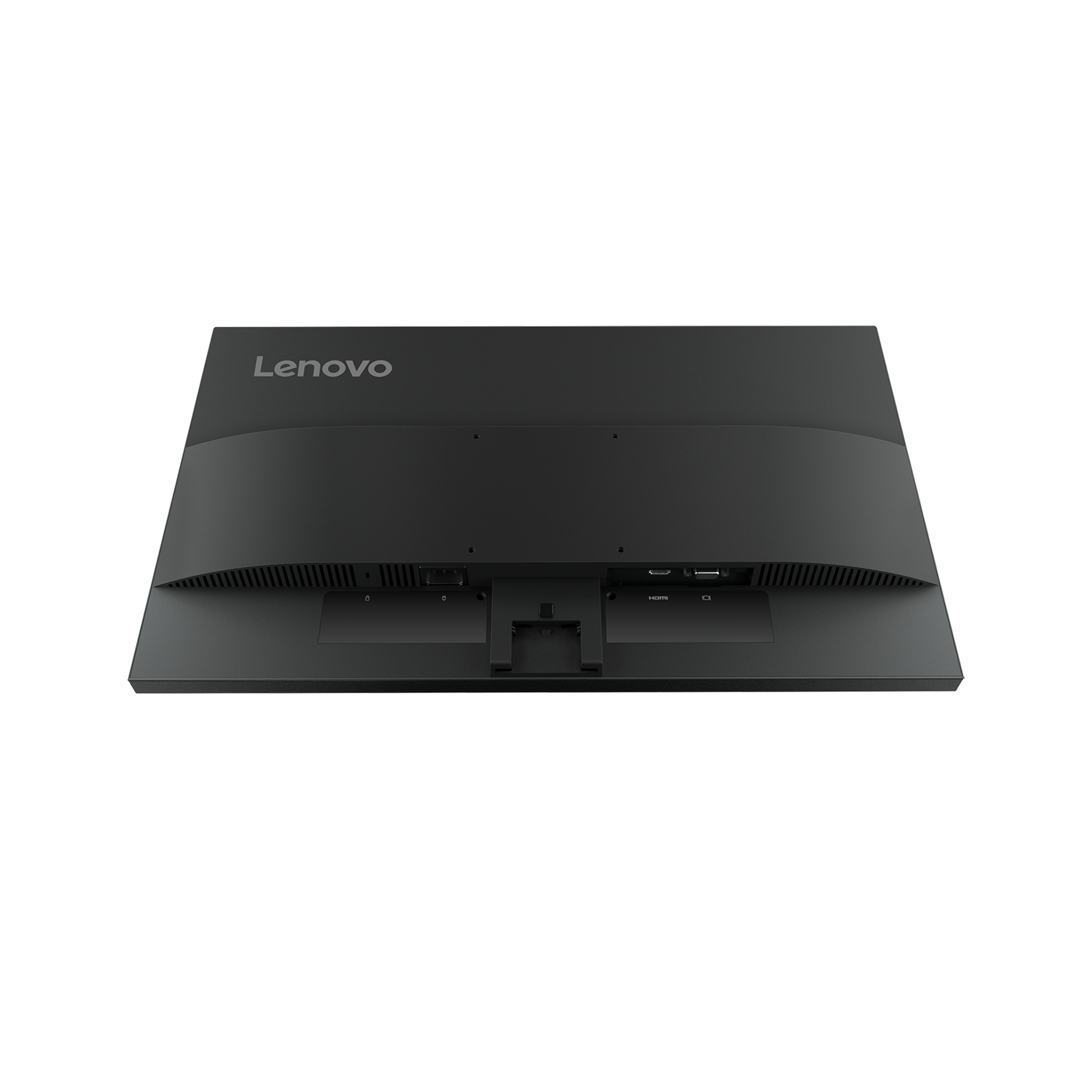 Tył czarnego monitora Lenovo, pokazujący porty i logo Lenovo. Porty obejmują HDMI i USB.