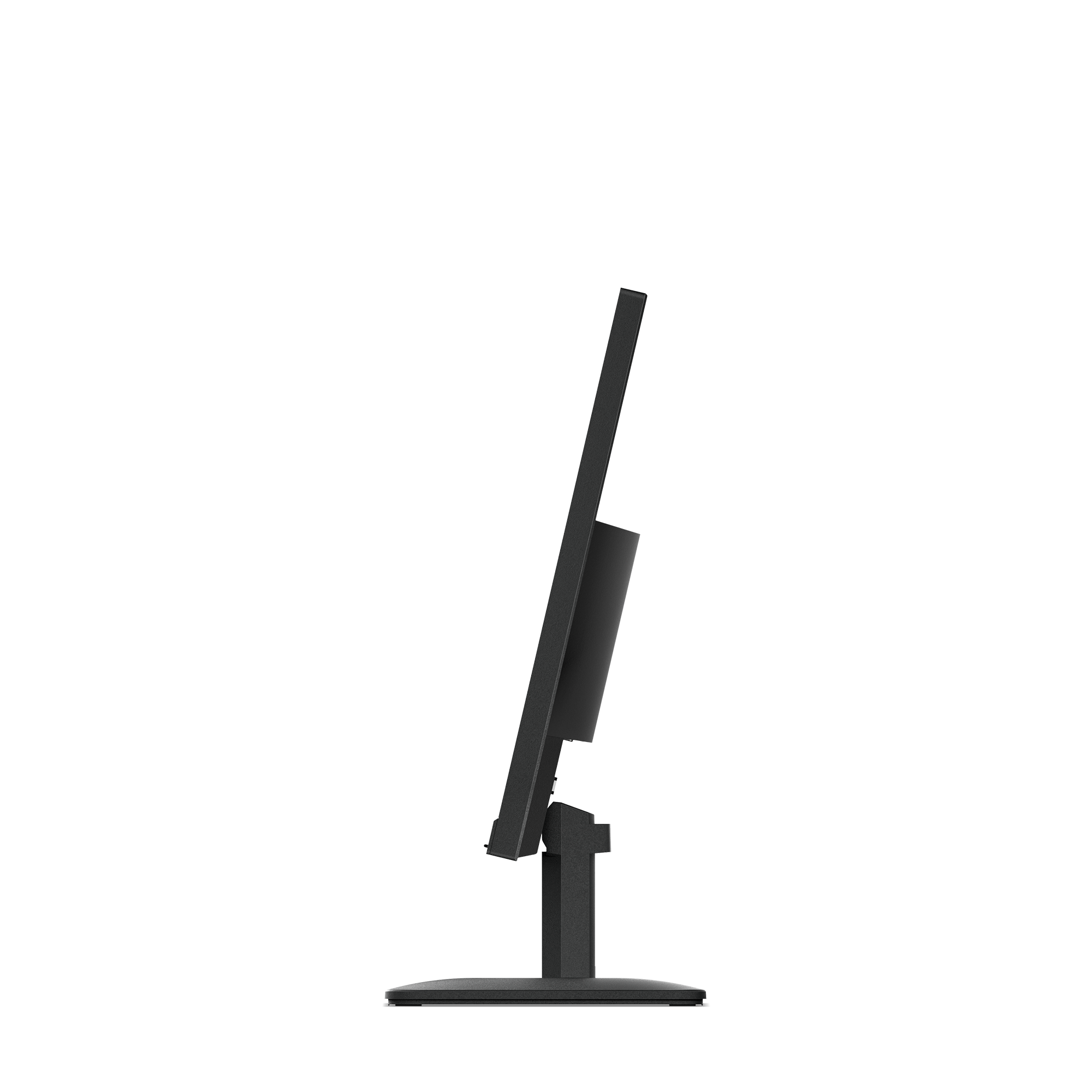 Widok z boku czarnego monitora komputera. Ekran jest pochylony, wsparty na podstawie na białym tle.