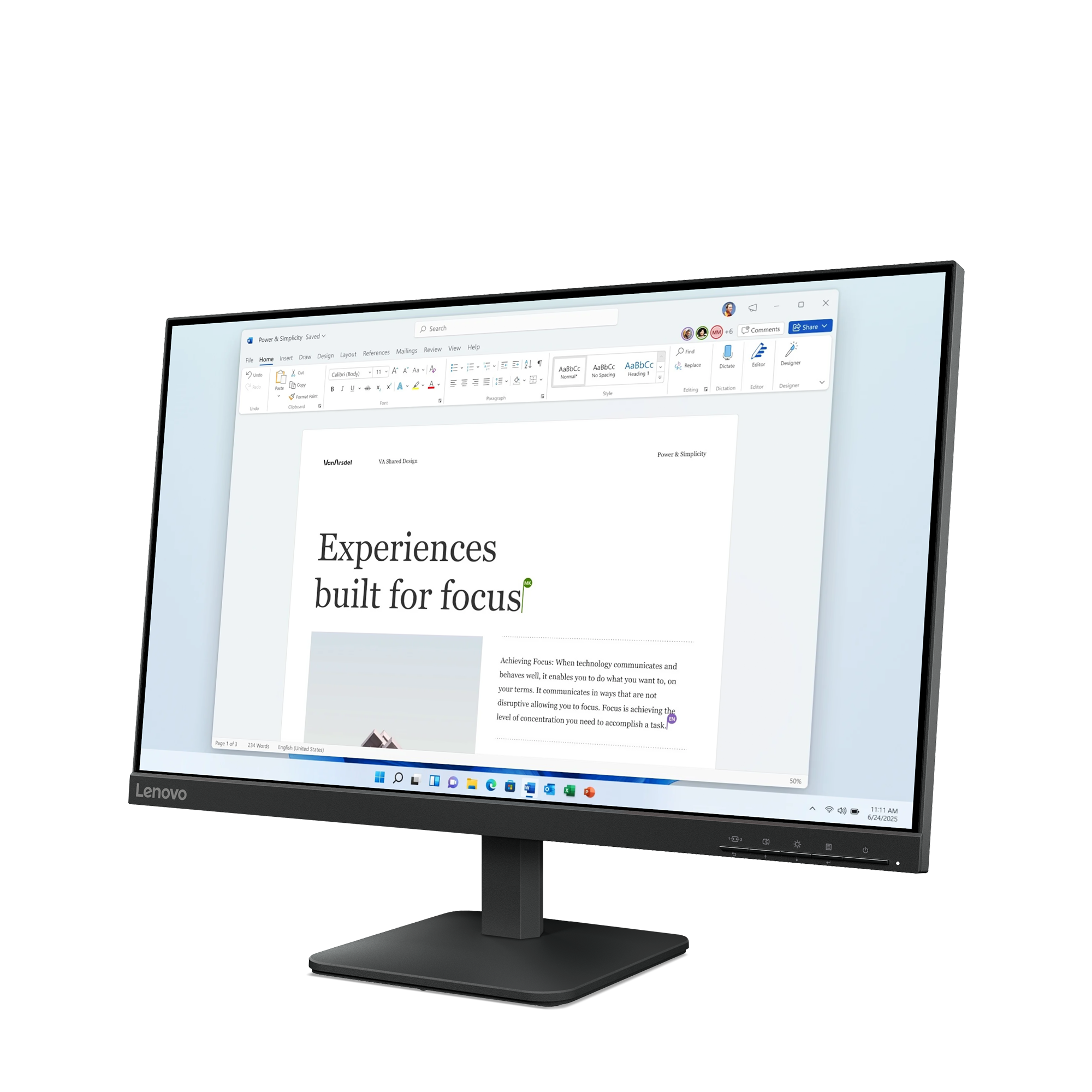 Monitor Lenovo wyświetla dokument Word o tytule 'Experiences built for focus'. Ekran pokazuje tekst i interfejs Windows.