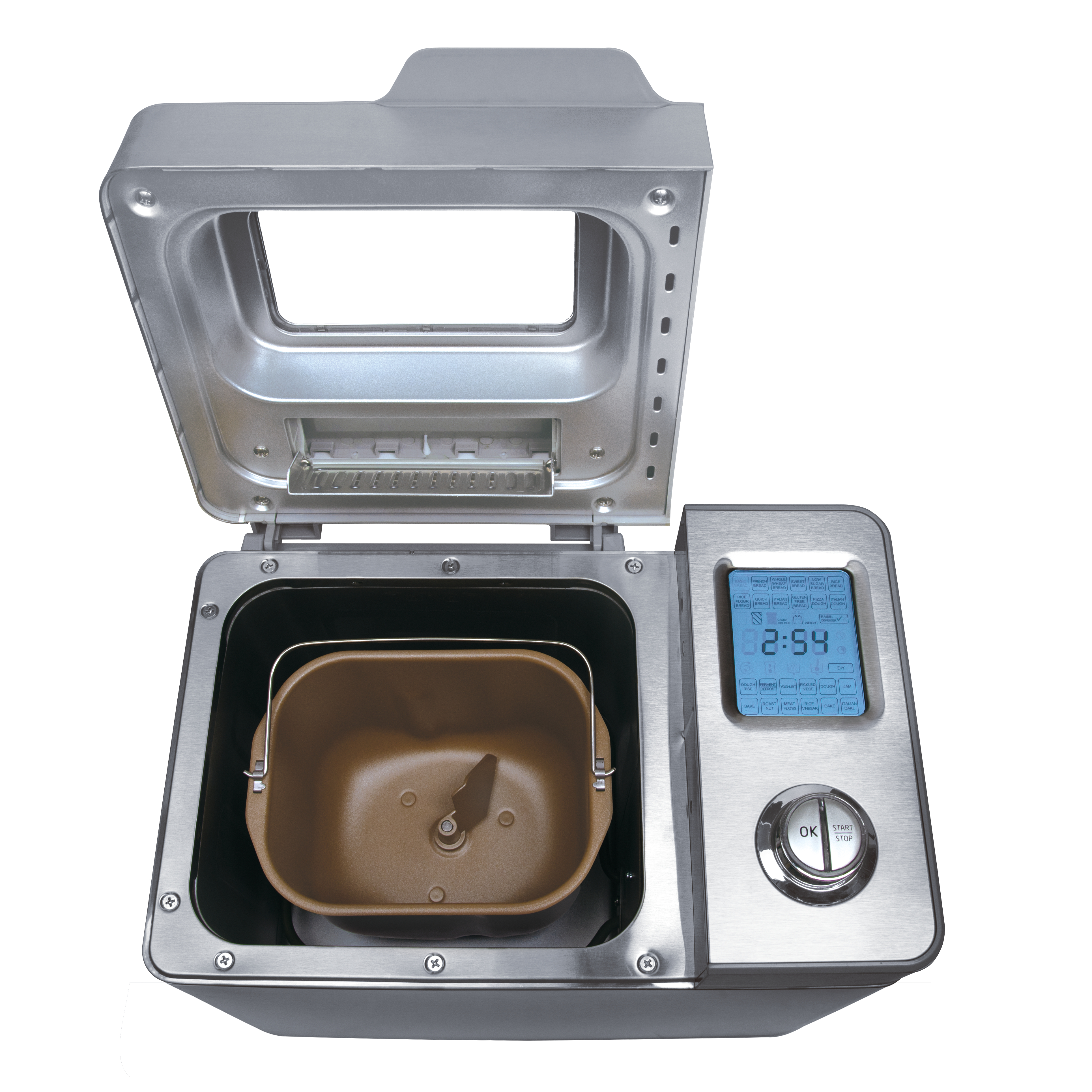 Ein silberner Brotbackautomat mit geöffnetem Deckel, einer braunen Brotform und einem Digitaldisplay.
