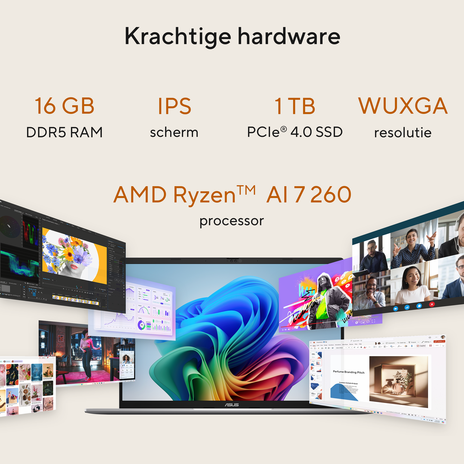 Een laptop met meerdere open vensters die verschillende inhoud weergeven. Tekst: 16GB RAM, IPS-scherm, 1TB SSD, WUXGA-resolutie, AMD Ryzen-processor.