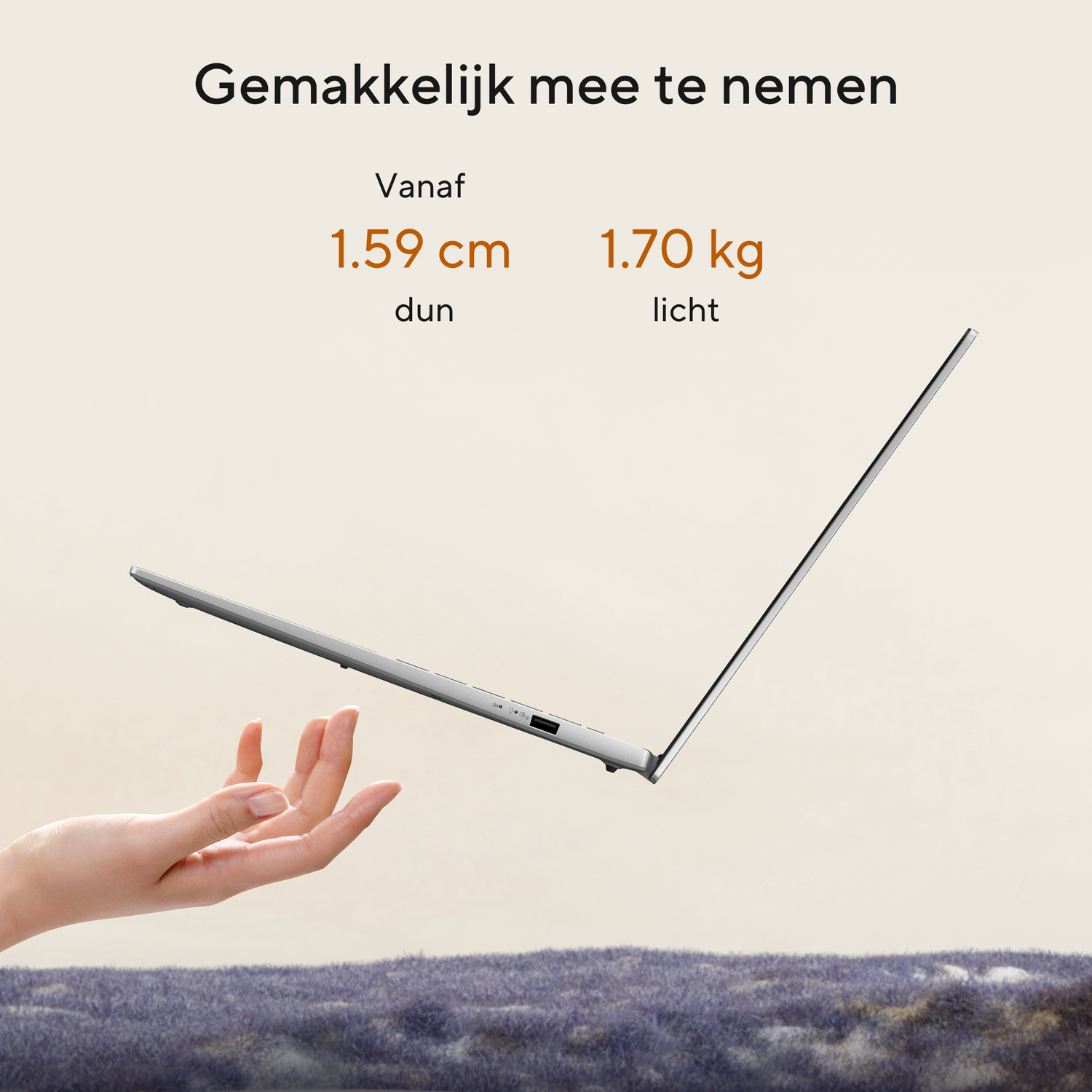 A silver laptop is held above a hand. The text shows its dimensions and weight. A purple field is in the background.
