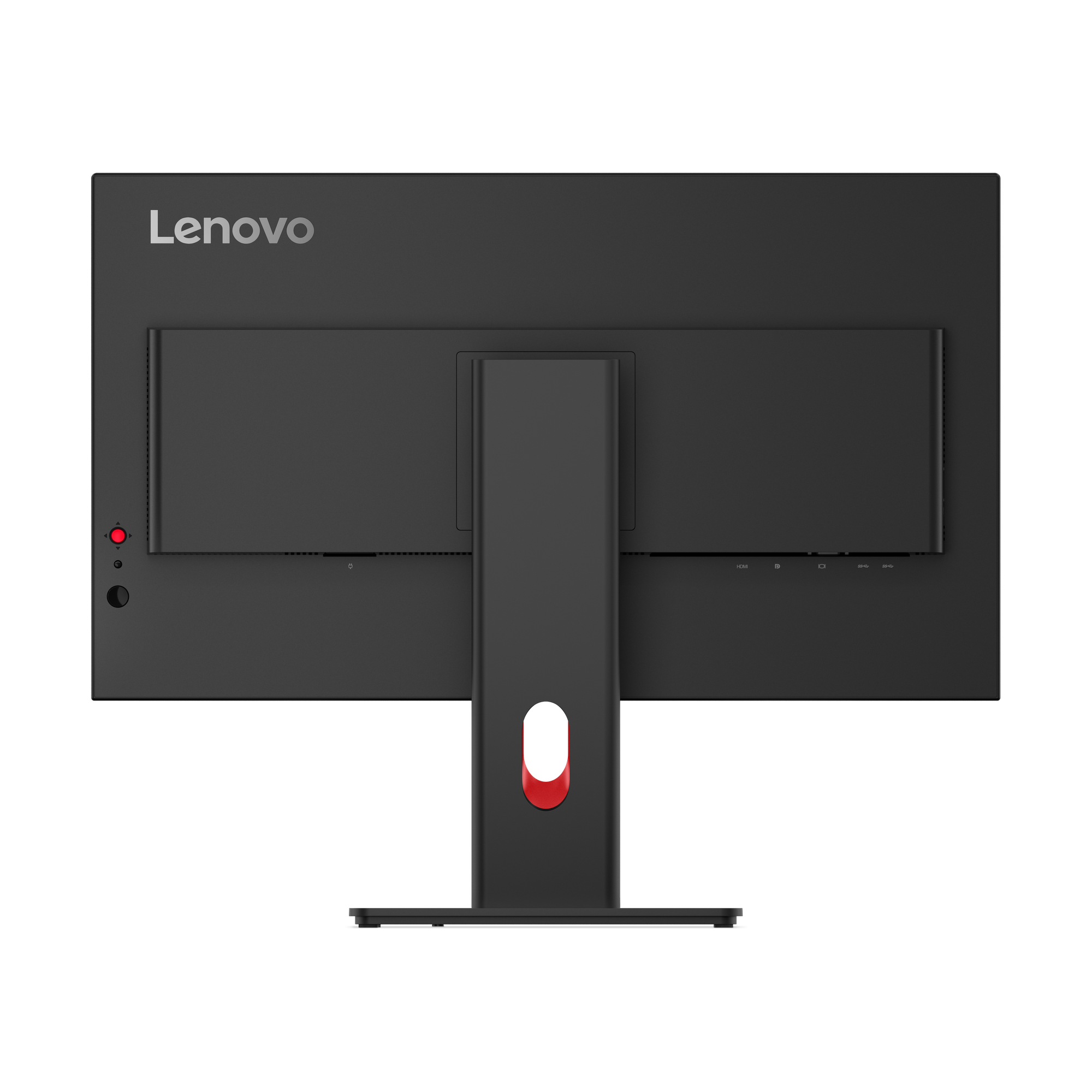 Rückansicht eines schwarzen Lenovo-Monitors. Er hat einen roten Ein-/Ausschalter und einen roten Akzent am Ständer.