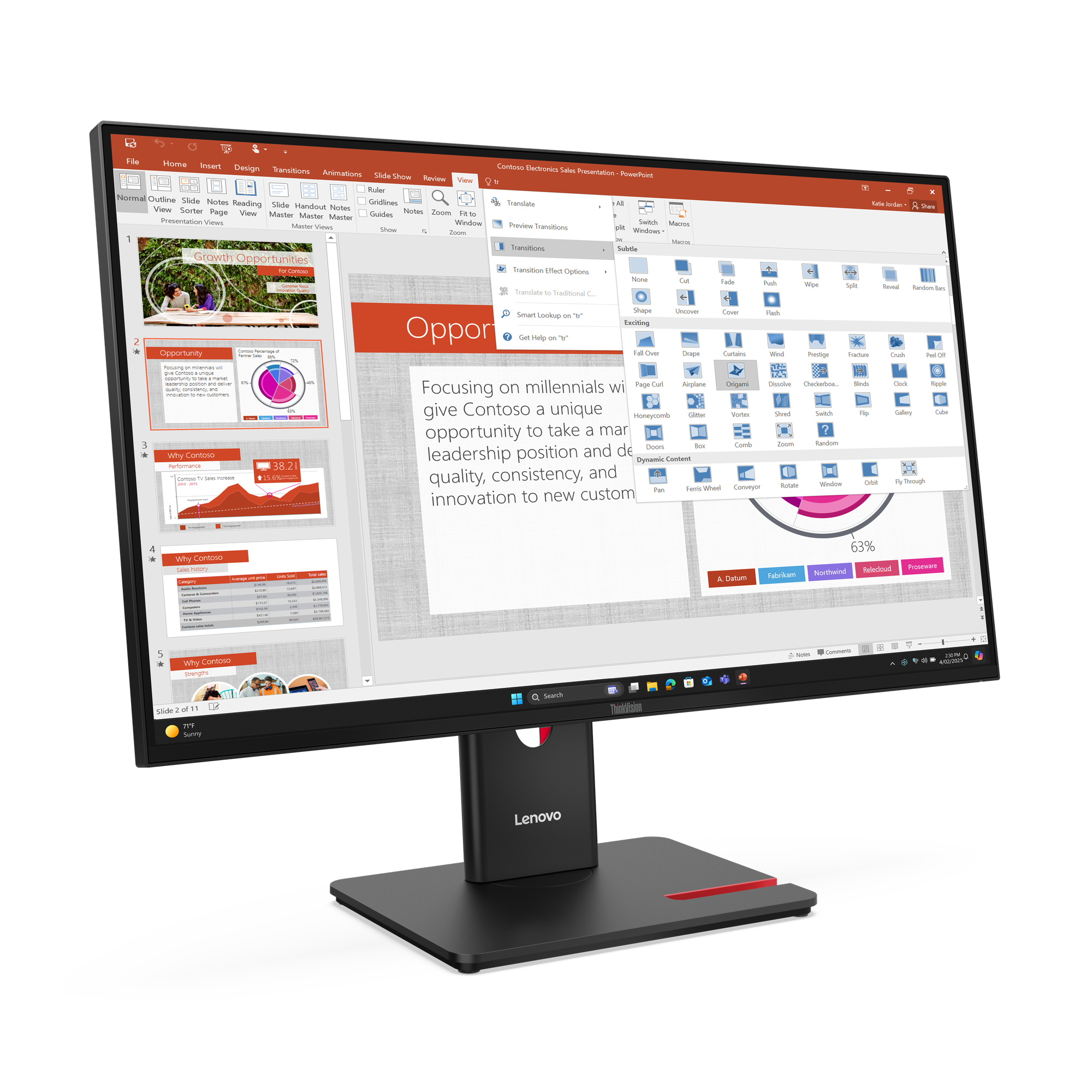 Ein Computerbildschirm mit einer PowerPoint-Präsentation mit Diagrammen und Text, ein Lenovo-Logo ist sichtbar.