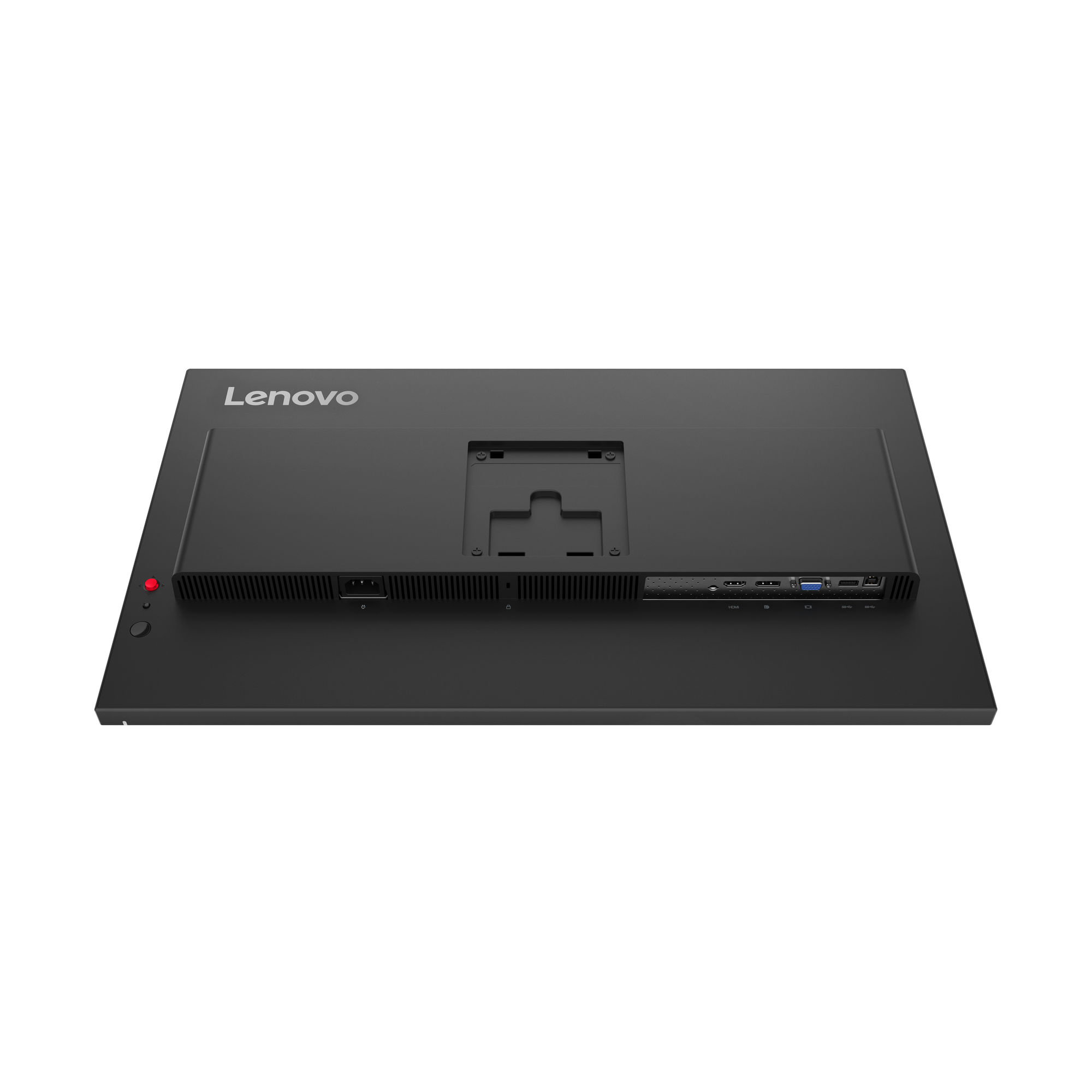 Rückseite des schwarzen Lenovo-Monitors, Anschlüsse und Halterung sichtbar. Ein-Aus-Taste und rote LED.