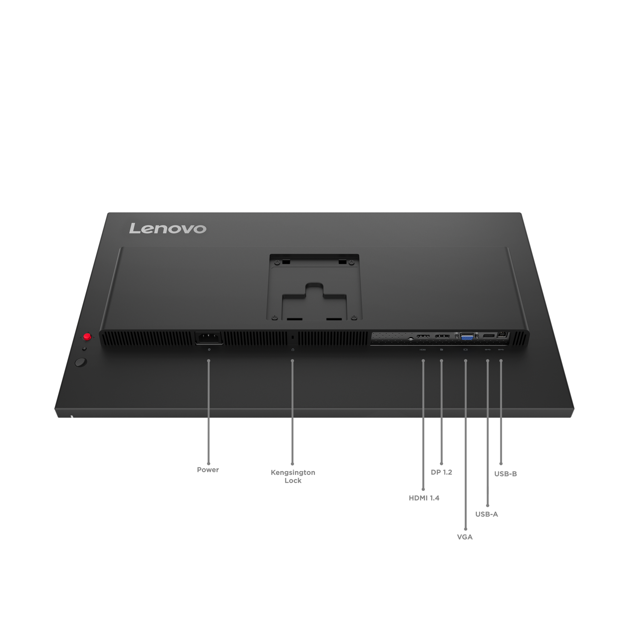 Rückansicht eines schwarzen Lenovo-Monitors. Anschlüsse: Strom, Kensington Lock, DP 1.2, HDMI 1.4, VGA und USB.