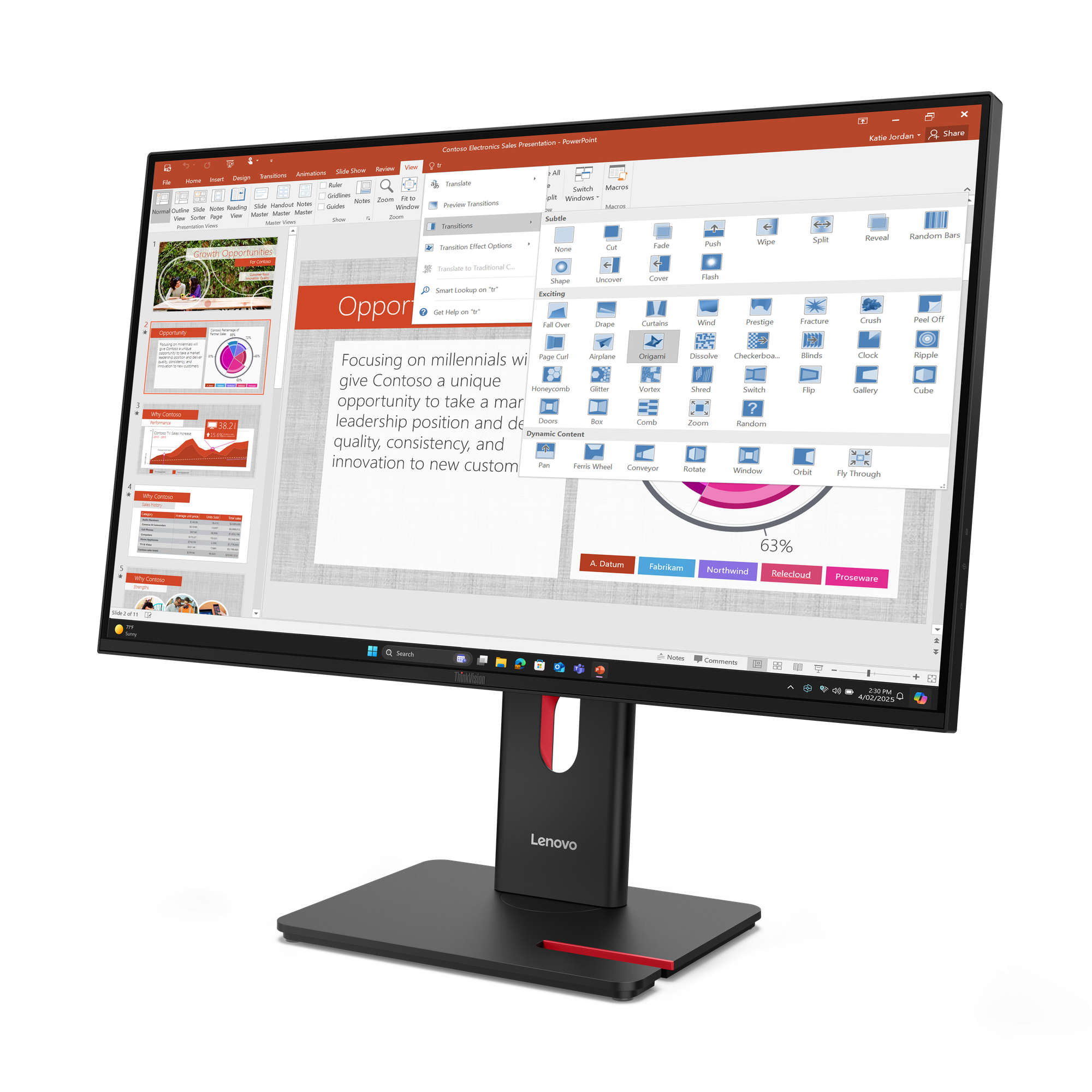Ein Lenovo-Monitor zeigt eine PowerPoint-Präsentation auf schwarzem Untergrund mit Grafiken und Text.