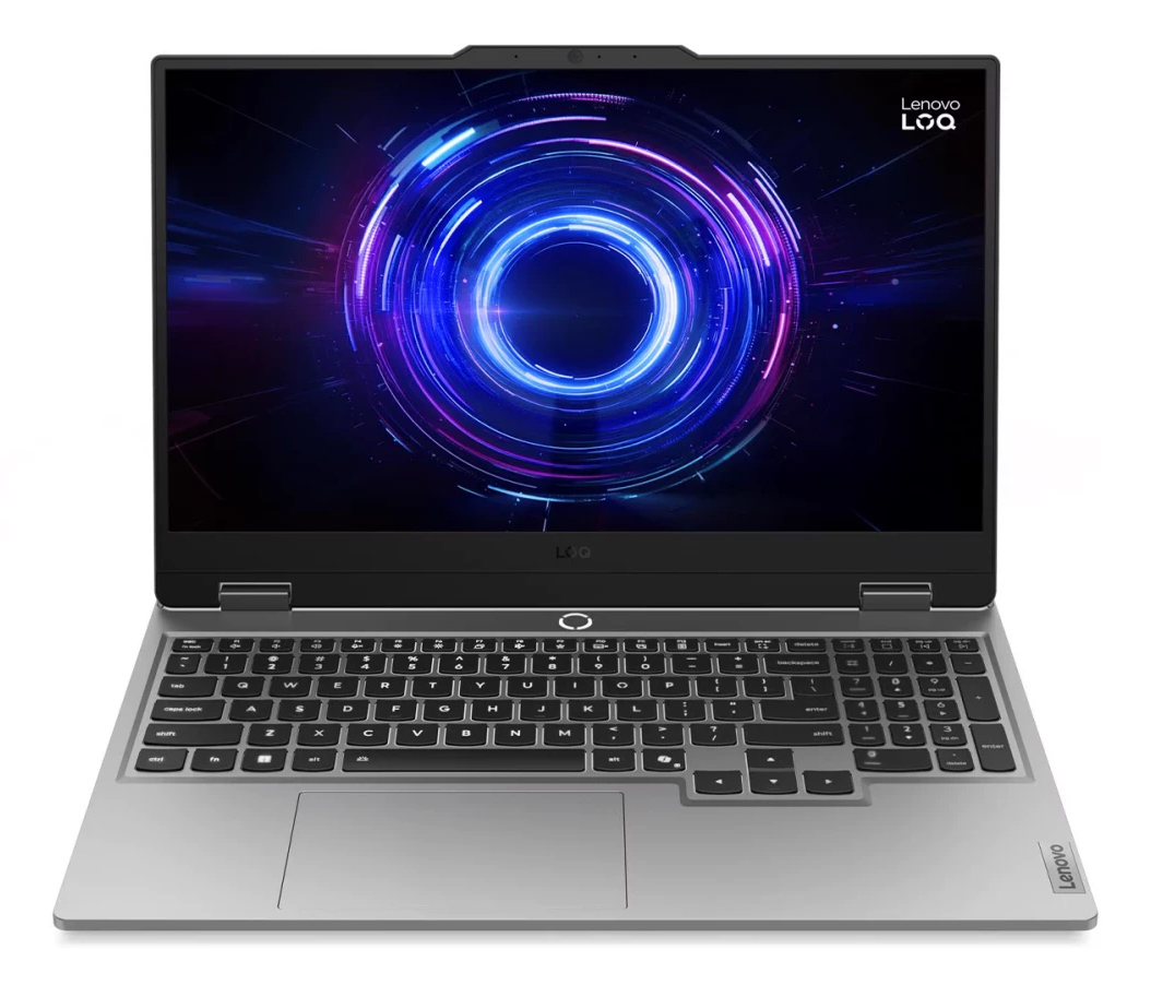 Srebrny laptop Lenovo z klawiaturą. Ekran pokazuje niebieski i fioletowy okrągły wzór. Logo Lenovo znajduje się w prawym dolnym rogu.