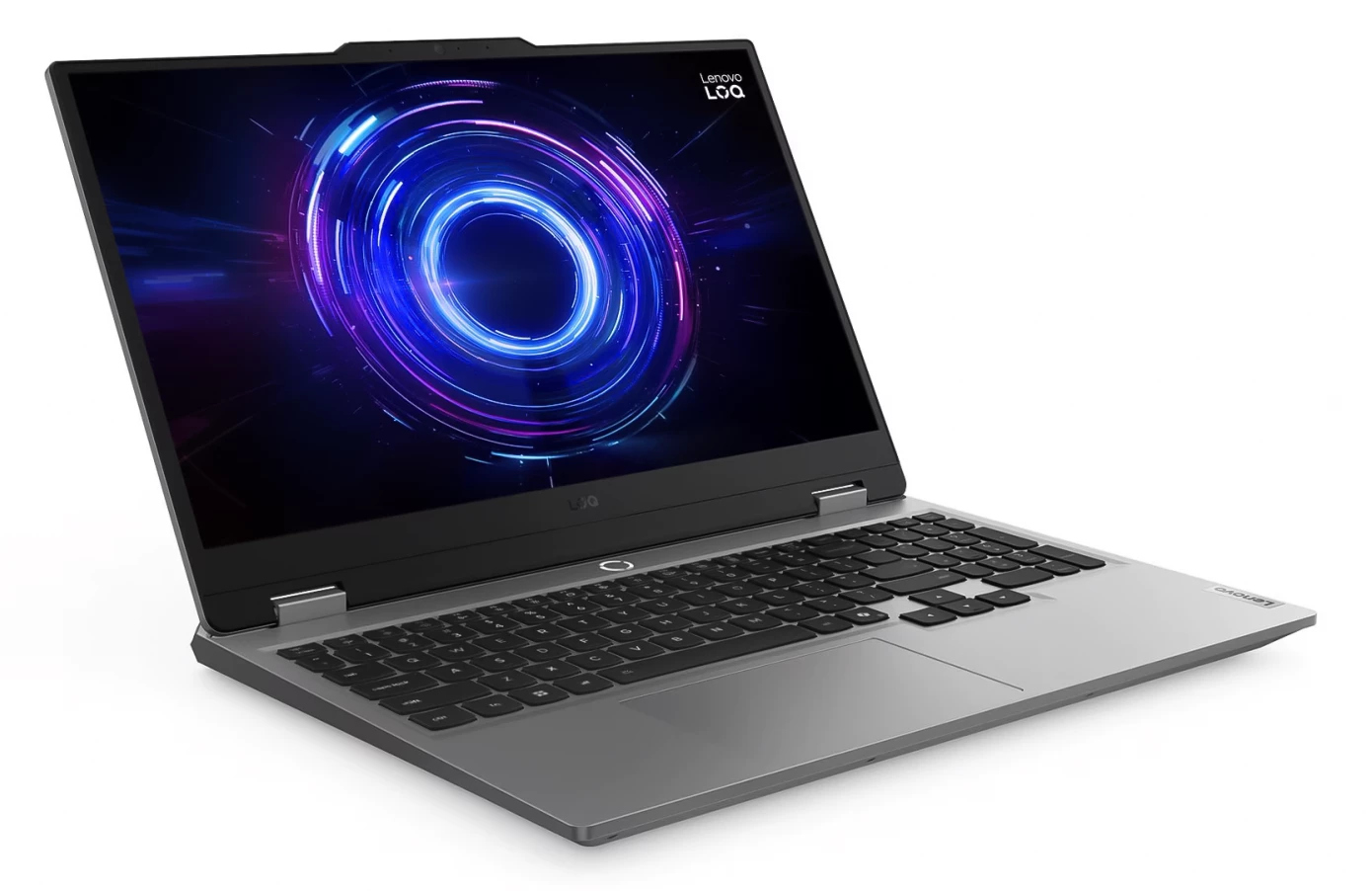 Laptop Lenovo jest otwarty, wyświetlając niebieską i fioletową grafikę cyfrową. Klawiatura jest widoczna. Laptop jest szary i czarny.