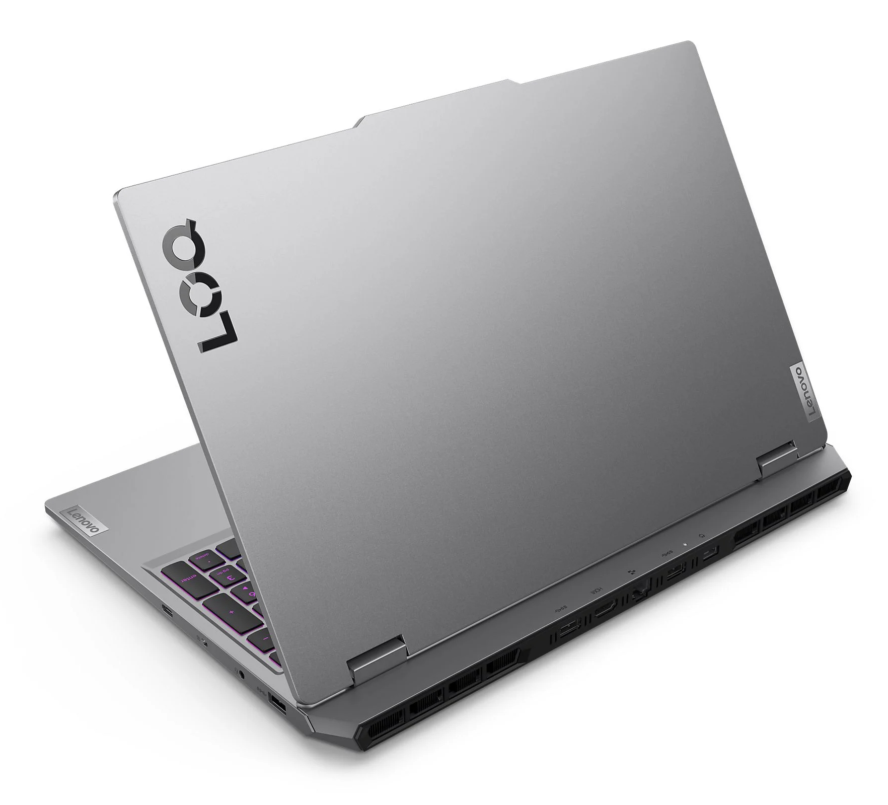 Szary laptop Lenovo Legion jest otwarty. Ekran jest podniesiony, odsłaniając klawiaturę. Widoczne jest logo Legion.