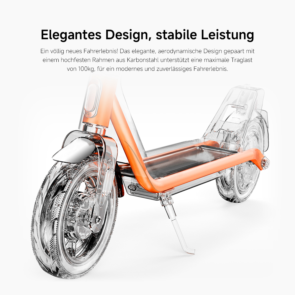 Ein orangefarbener und transparenter Elektroroller wird auf weißem Hintergrund gezeigt und zeigt seine Designdetails und Eigenschaften.