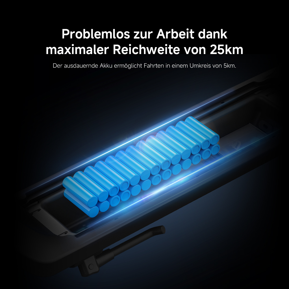 Blaue zylindrische Batterien in Reihen angeordnet. Dunkler Hintergrund. Text hebt 25 km Reichweite und 5 km Radius hervor.