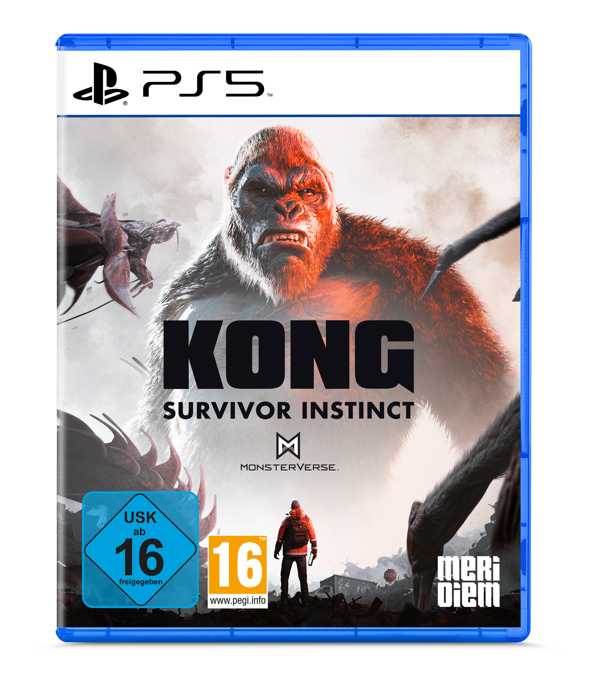 PS5-Spielhülle. Titel 'Kong: Survivor Instinct'. Mit Gorilla, Monstern und einer Figur in einer postapokalyptischen Umgebung.