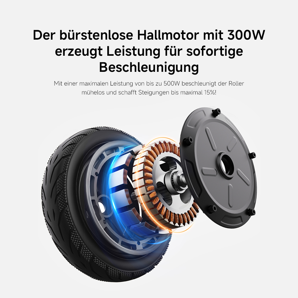 Schnittansicht eines Elektroroller-Rads, Motorkomponenten freigelegt. Text oben beschreibt die Leistung und Beschleunigung des Motors.