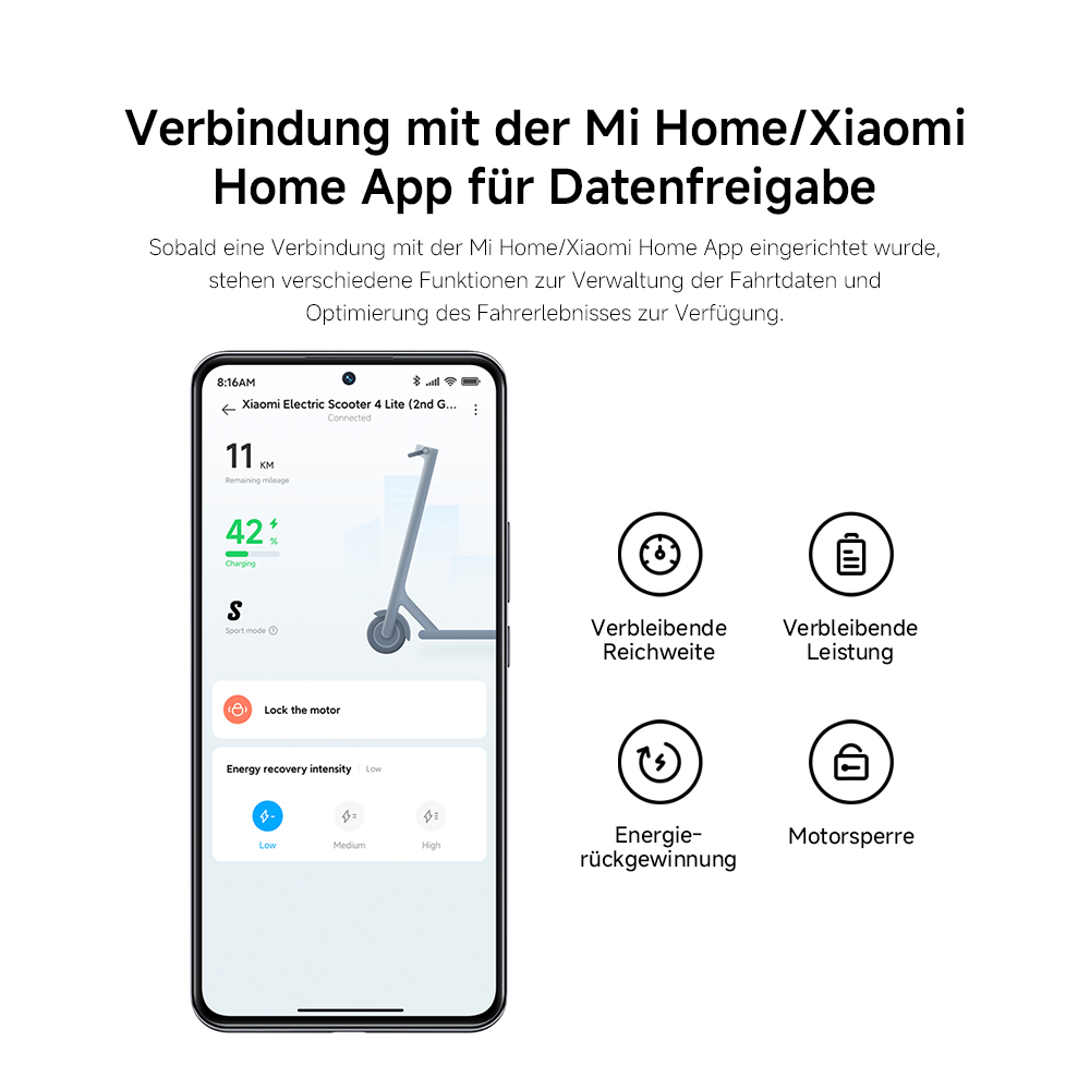 Ein Smartphone-Bildschirm zeigt die Mi Home App-Oberfläche für einen Elektroroller mit Batterie-, Geschwindigkeits- und Steuerungsoptionen.