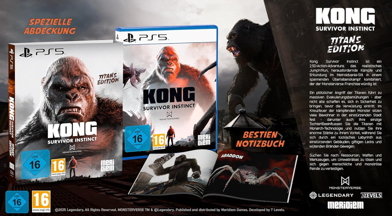 Spielcover für Kong: Survivor Instinct. Zeigt Kong, PS5-Logo und Spieldetails. Enthält ein Booklet mit Monsterbildern.