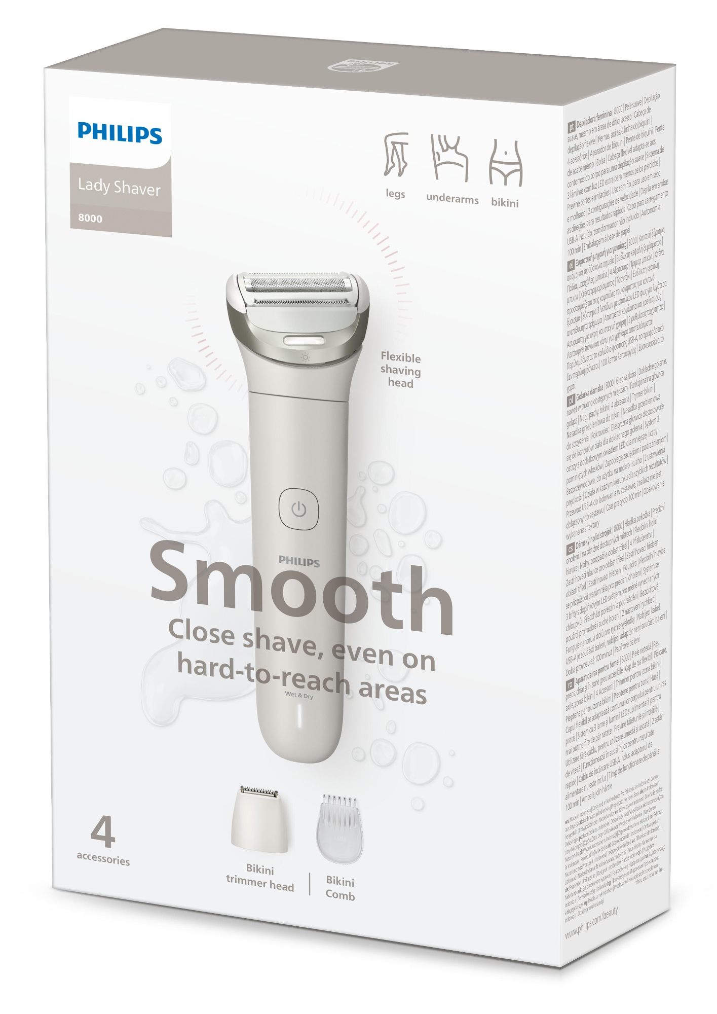 Philips Lady Shaver doboz. Borotvát, 4 tartozékot, a Smooth és a Close shave szavakat tartalmazza.