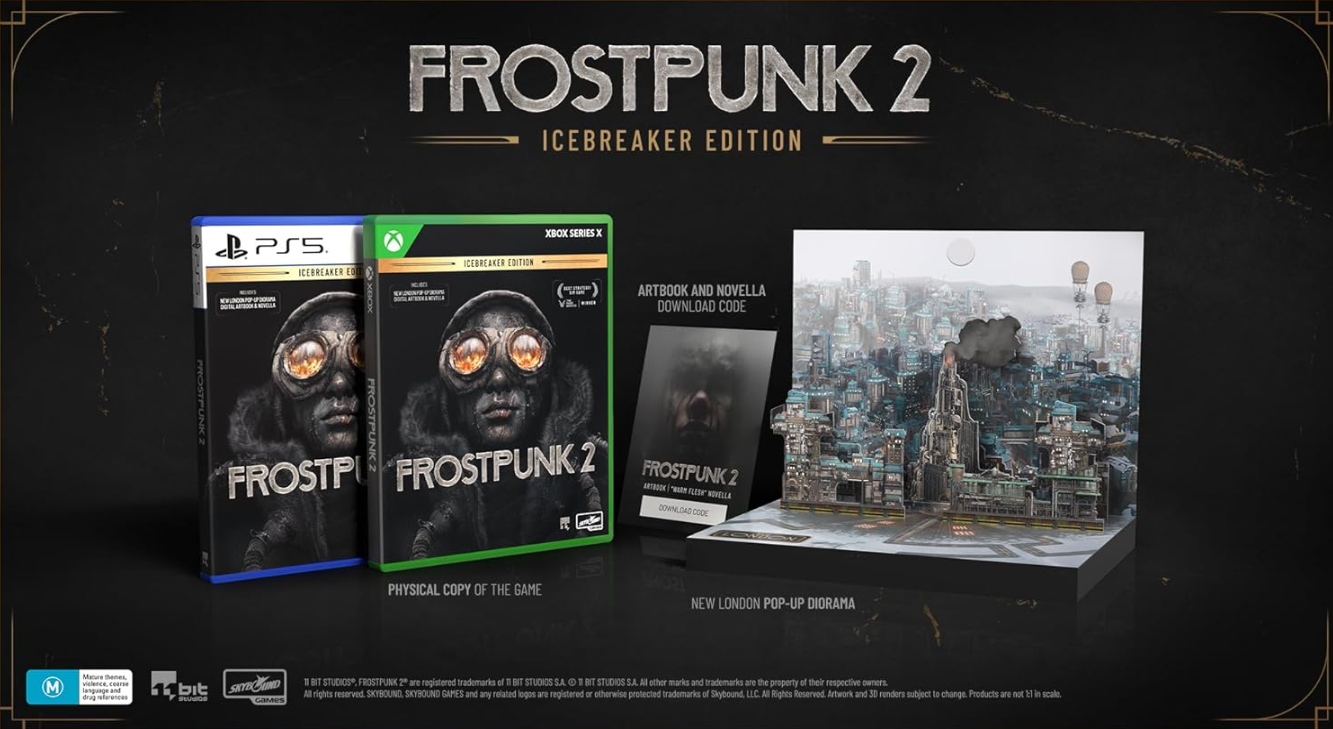Frostpunk 2 Icebreaker Edition mit Spielboxen, Artbook und einem Pop-up-Diorama einer Stadt mit Luftschiffen.