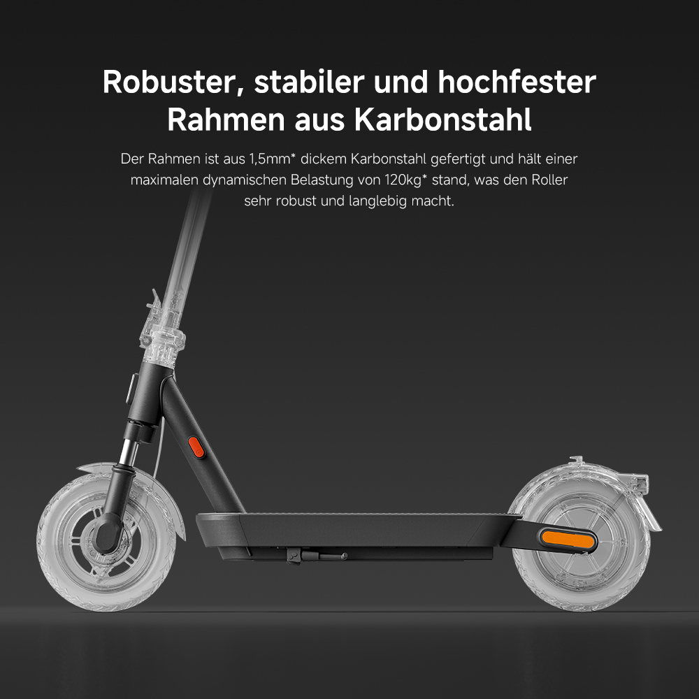 Ein Elektroroller mit dunkelgrauem Rahmen und transparenten Rädern wird gezeigt. Der Text oben lautet: Robuster, stabiler und hochfester Karbonstahlrahmen.