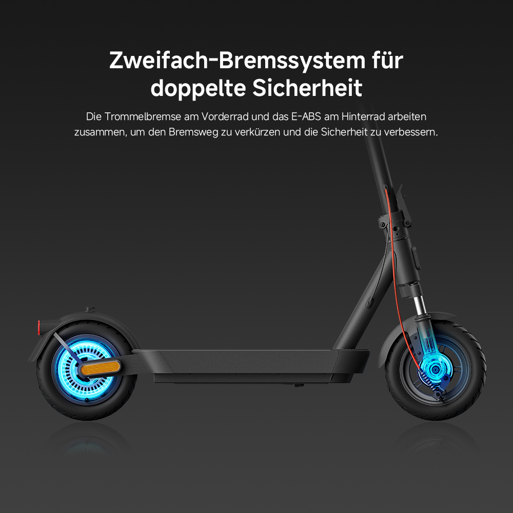 Schwarzer Elektroroller mit blau beleuchteten Rädern vor dunklem Hintergrund. Text oben: 'Doppelbremssystem für doppelte Sicherheit'.