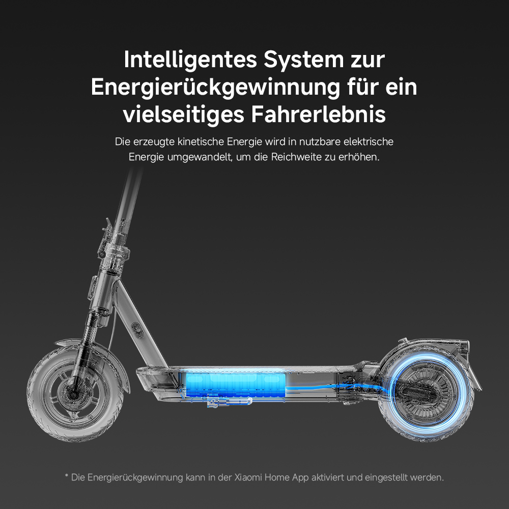 Ein transparenter Elektroroller mit blauem Batteriefach. Text in Deutsch beschreibt Energierückgewinnung für ein vielseitiges Fahrerlebnis.
