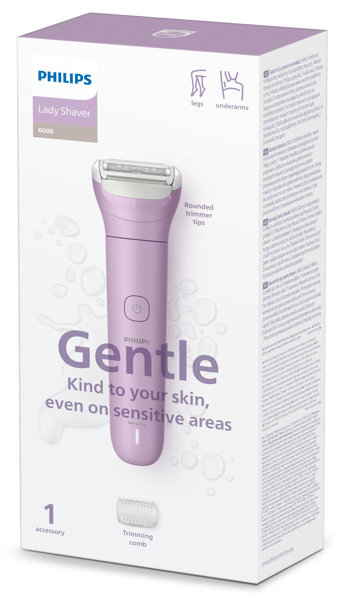 Egy Philips Lady Shaver doboz. Lila, a borotvával és a trimmelő fésűvel. A szöveg azt mondja, hogy gyengéd és nedves és száraz.