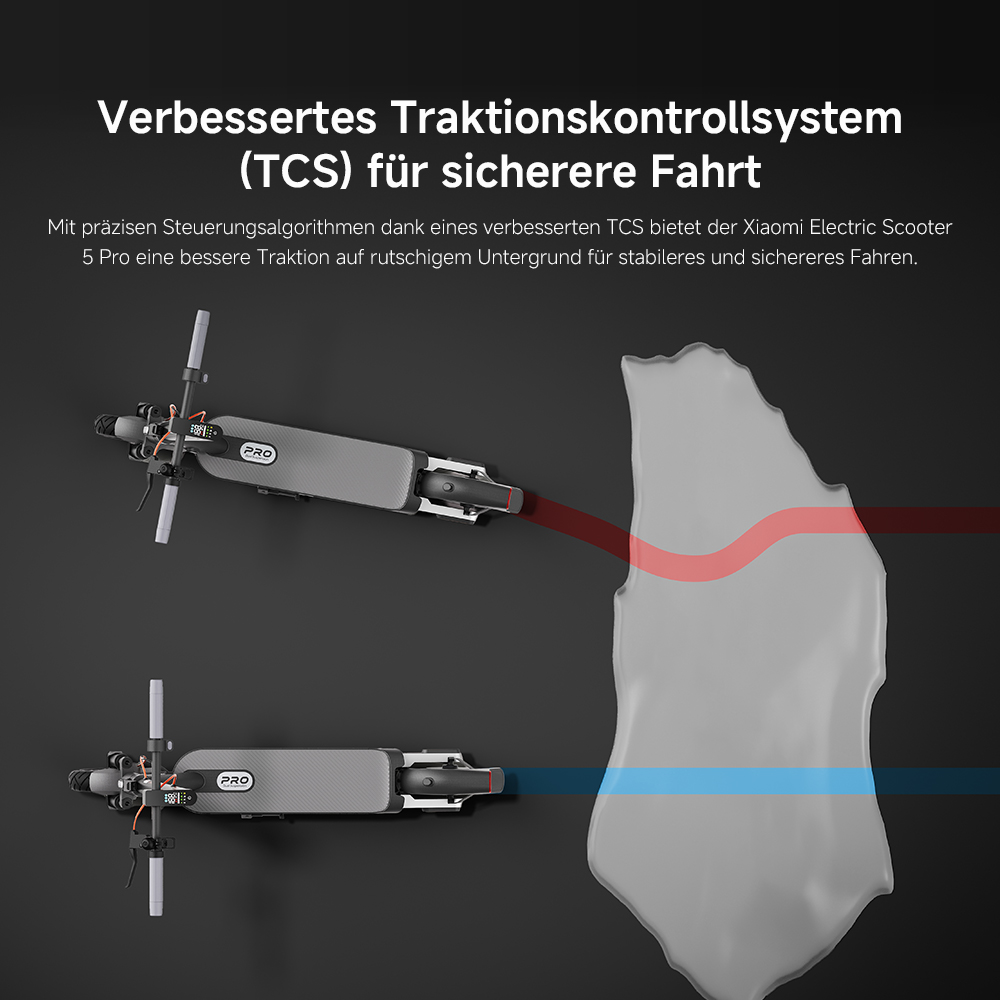 Zwei Elektroroller mit grauen Decks werden gezeigt. Eine rote Linie krümmt sich über einer blauen Linie, und rechts ist eine graue Form.