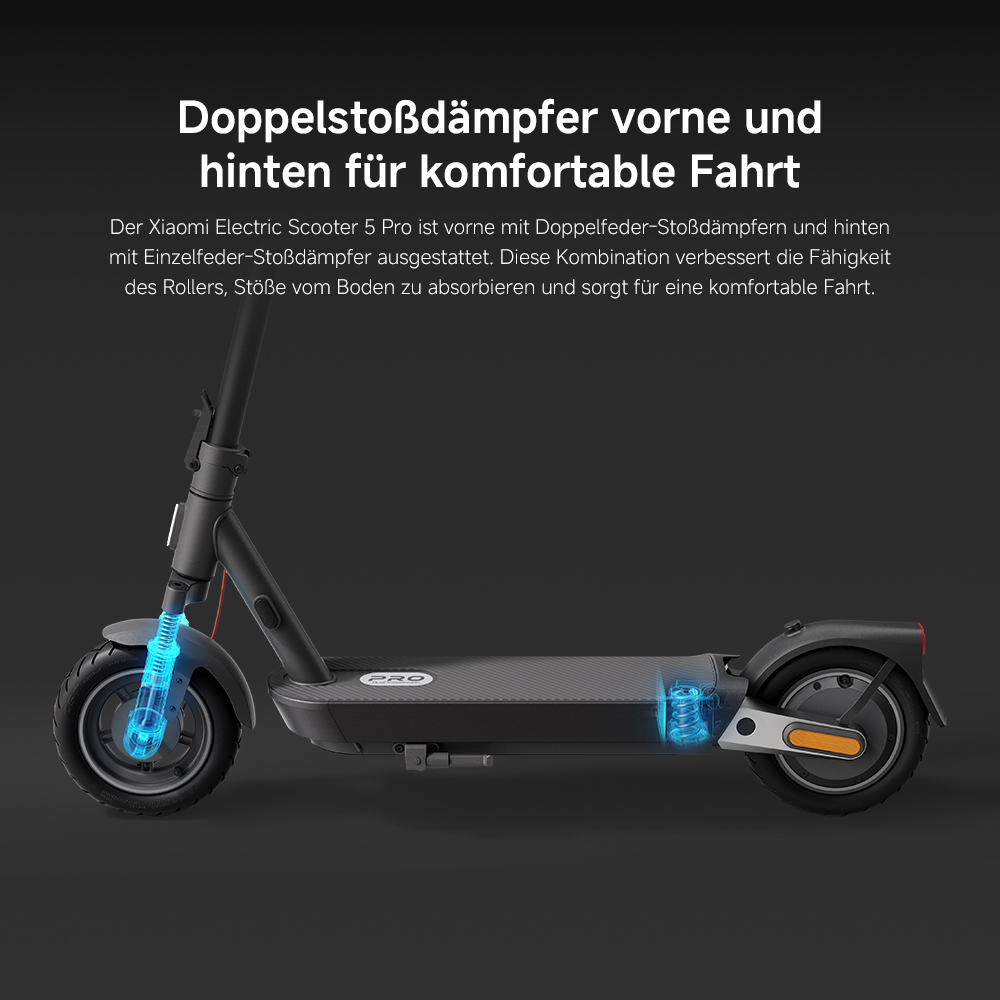 Schwarzer Elektroroller mit blauen Stoßdämpfern. Text: 'Doppelte Stoßdämpfer vorne und hinten für komfortable Fahrt'.