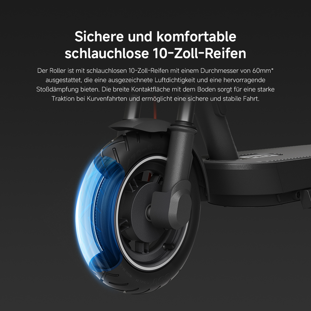 Nahaufnahme eines Vorderrads eines Elektrorollers. Es ist schwarz mit Text auf Deutsch. Eine blaue Grafik zeigt das Innenleben des Reifens.
