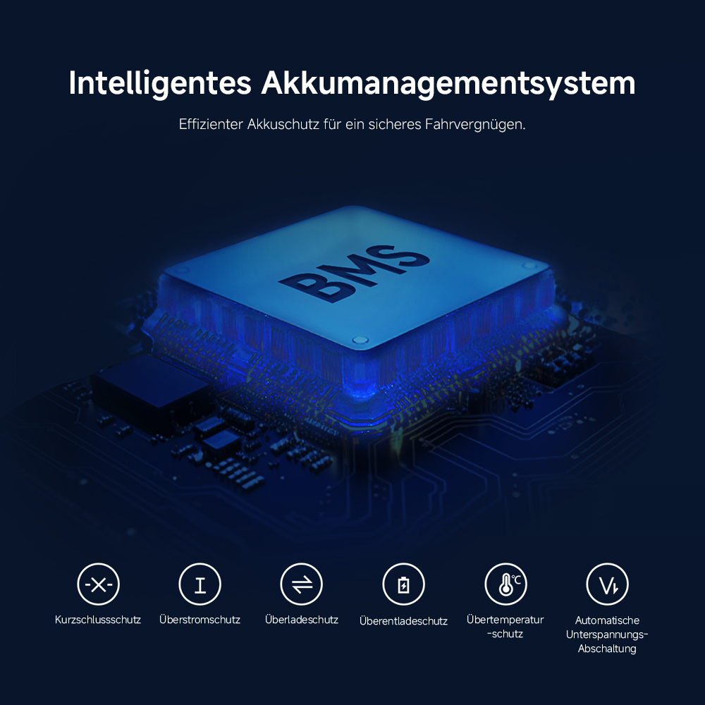 Eine blaue Platine mit 'BMS' in der Mitte. Darunter Symbole für Schutzfunktionen wie Kurzschluss und Überladung.