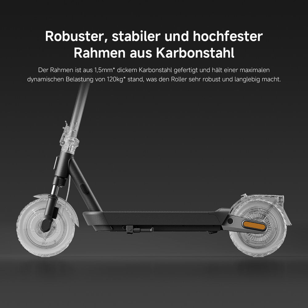 Ein schwarzer und transparenter Elektroroller. Er hat einen Karbonstahlrahmen. Die Räder und der obere Teil sind transparent.