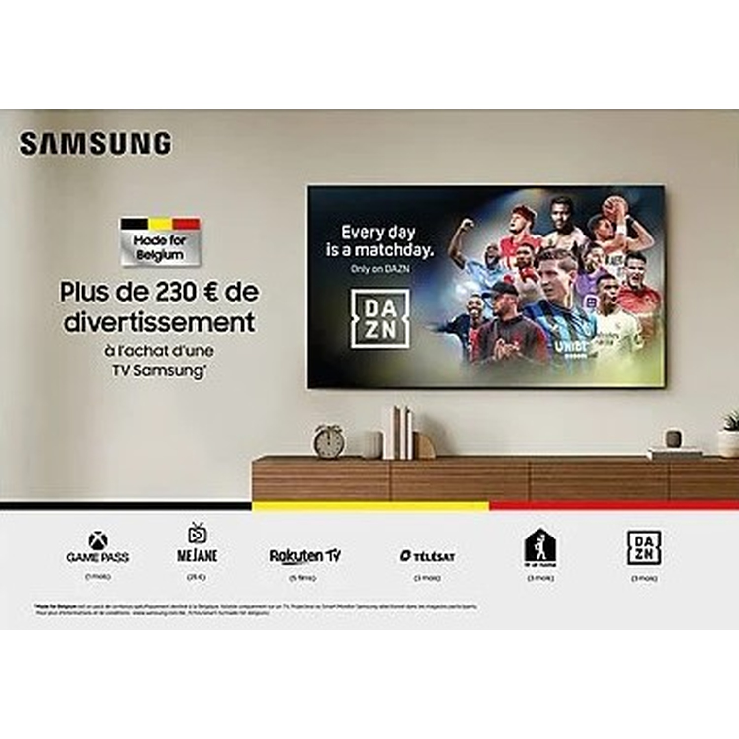 Publicité Samsung avec un téléviseur affichant une promotion DAZN. Comprend le drapeau belge, du texte sur le divertissement et des logos de services de streaming.