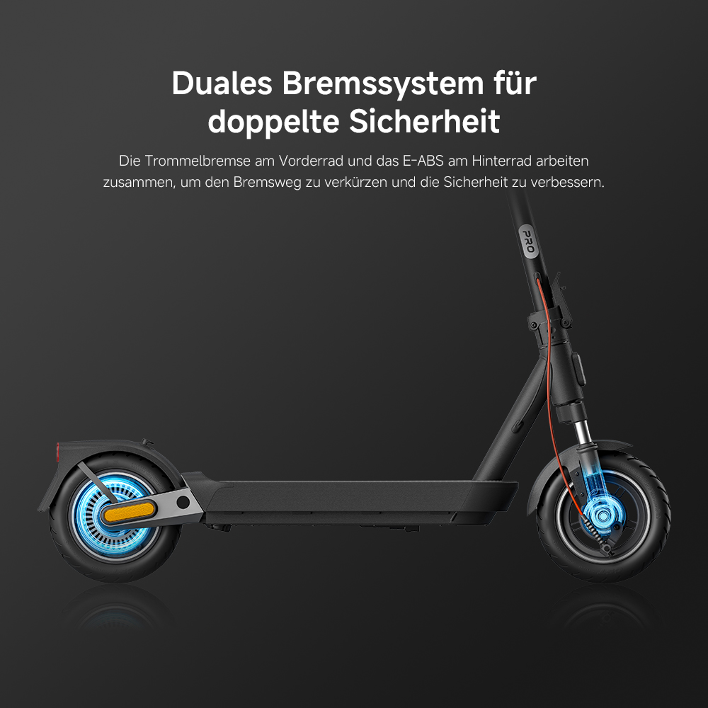 Schwarzer Roller mit blau leuchtenden Bremsen auf dunklem Hintergrund. Text: Duales Bremssystem für doppelte Sicherheit.