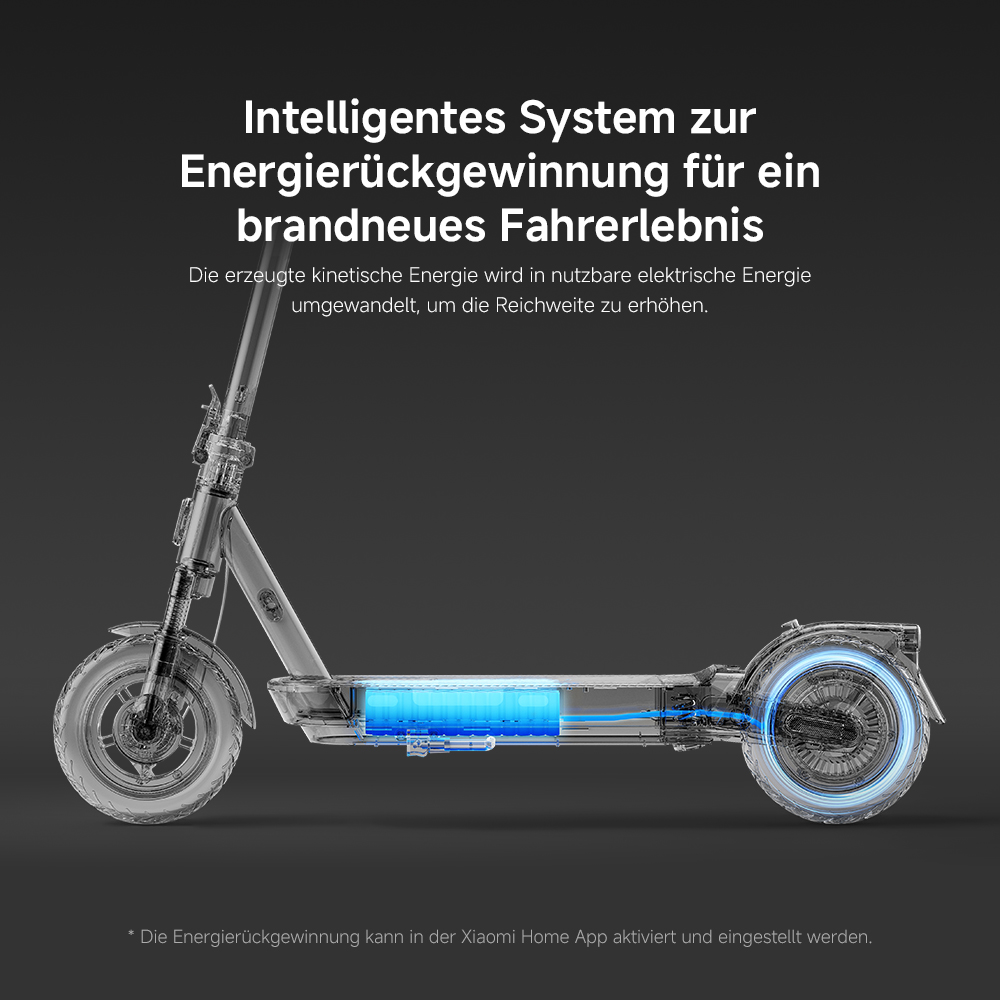 Schnittzeichnung eines Elektrorollers, die seine inneren Komponenten zeigt. Der Text oben beschreibt ein intelligentes Energierückgewinnungssystem.